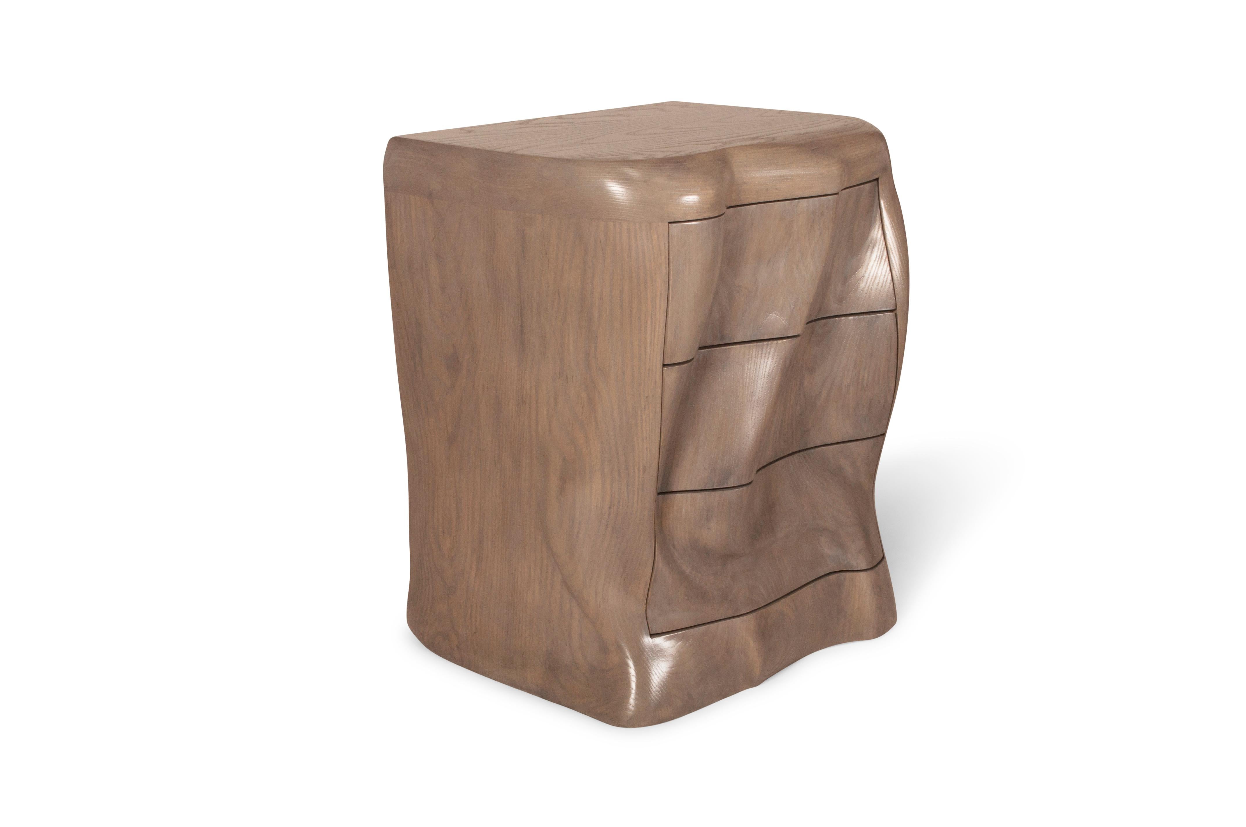 Carved Amorph Hana Nightstand in Solid Ashwood with Grey Oak Finish For Sale