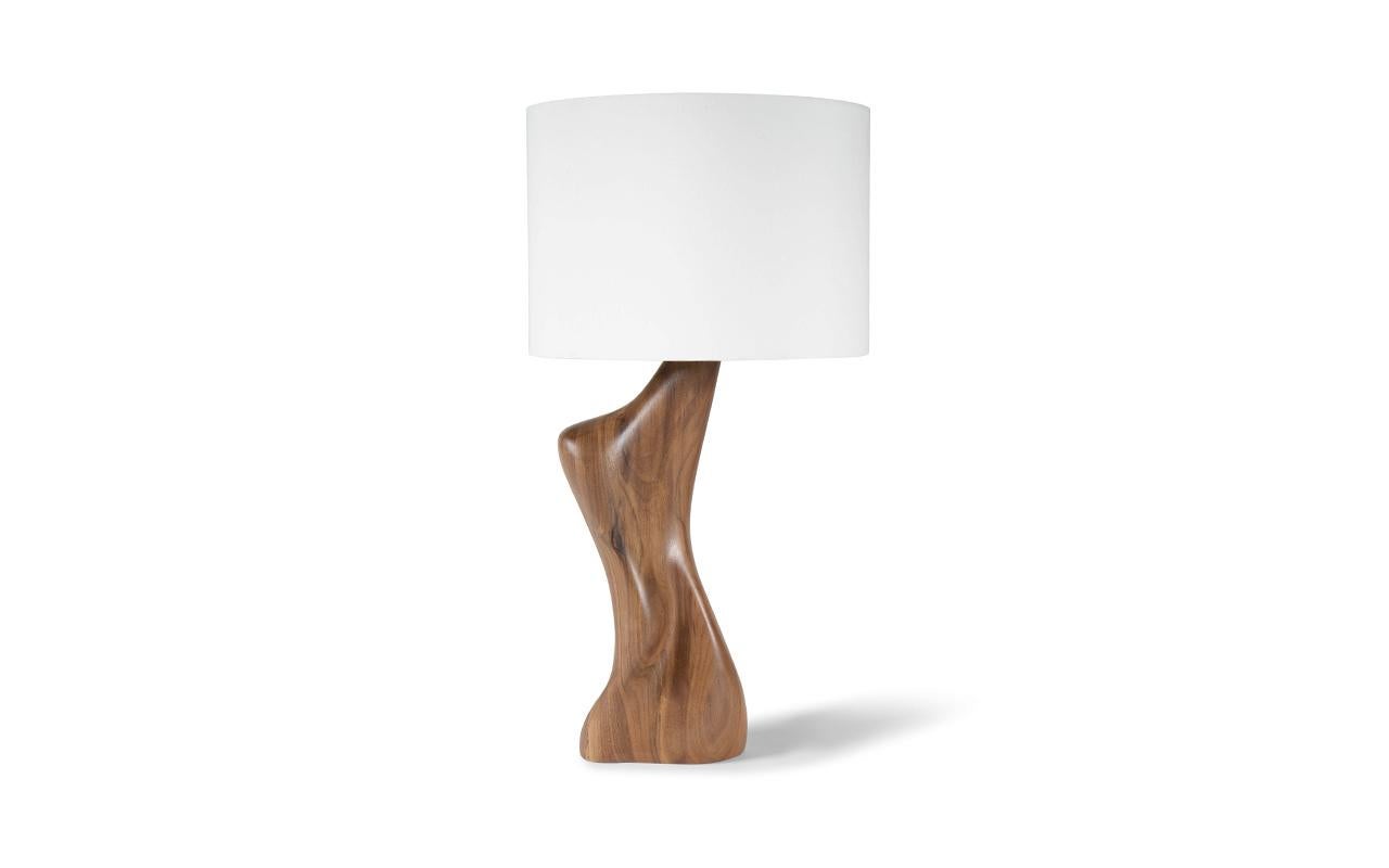 Carved Amorph Helen Table Lamp Natural stain on Walnut wood with Ivory Silk shade For Sale