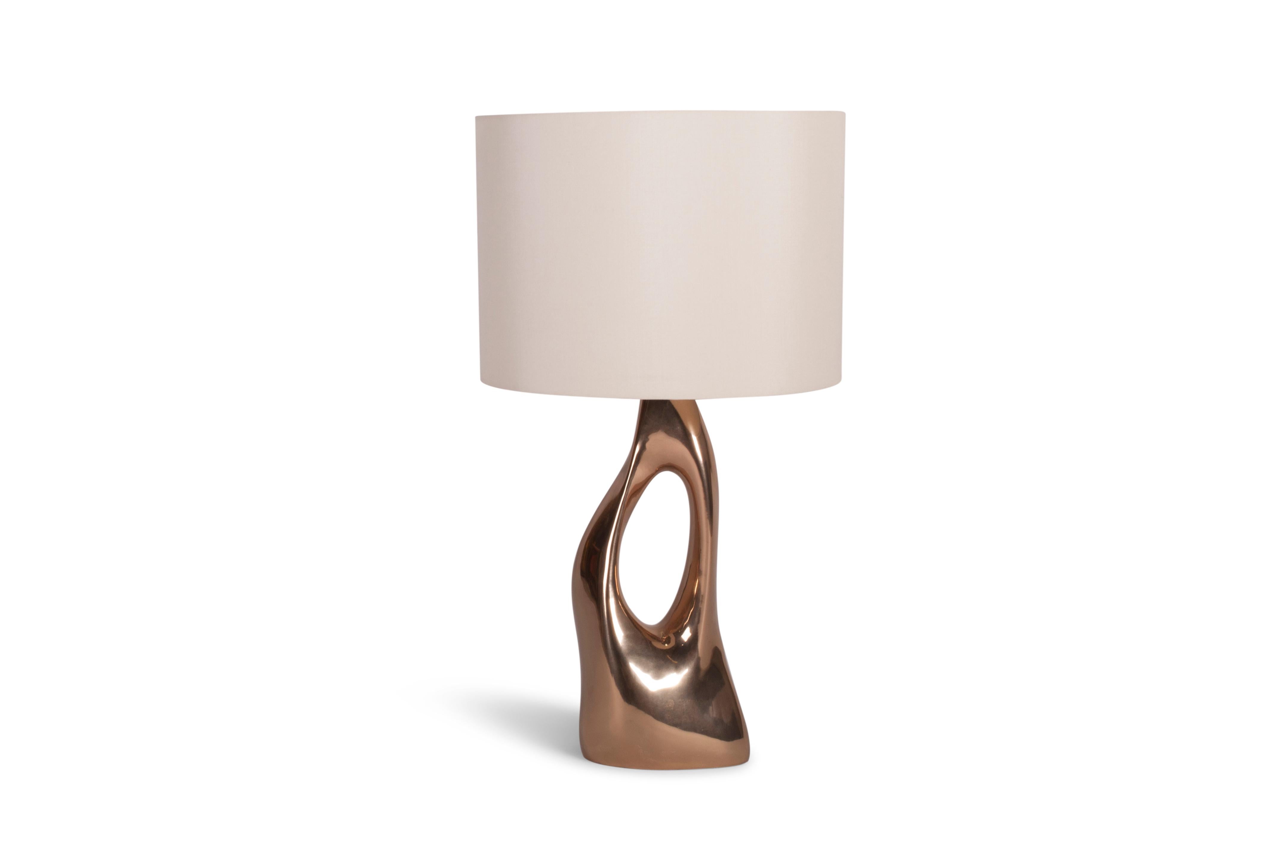 Organic Modern Amorph Helix Table Lamp, Casted Bronze with Ivory Silk Shade For Sale