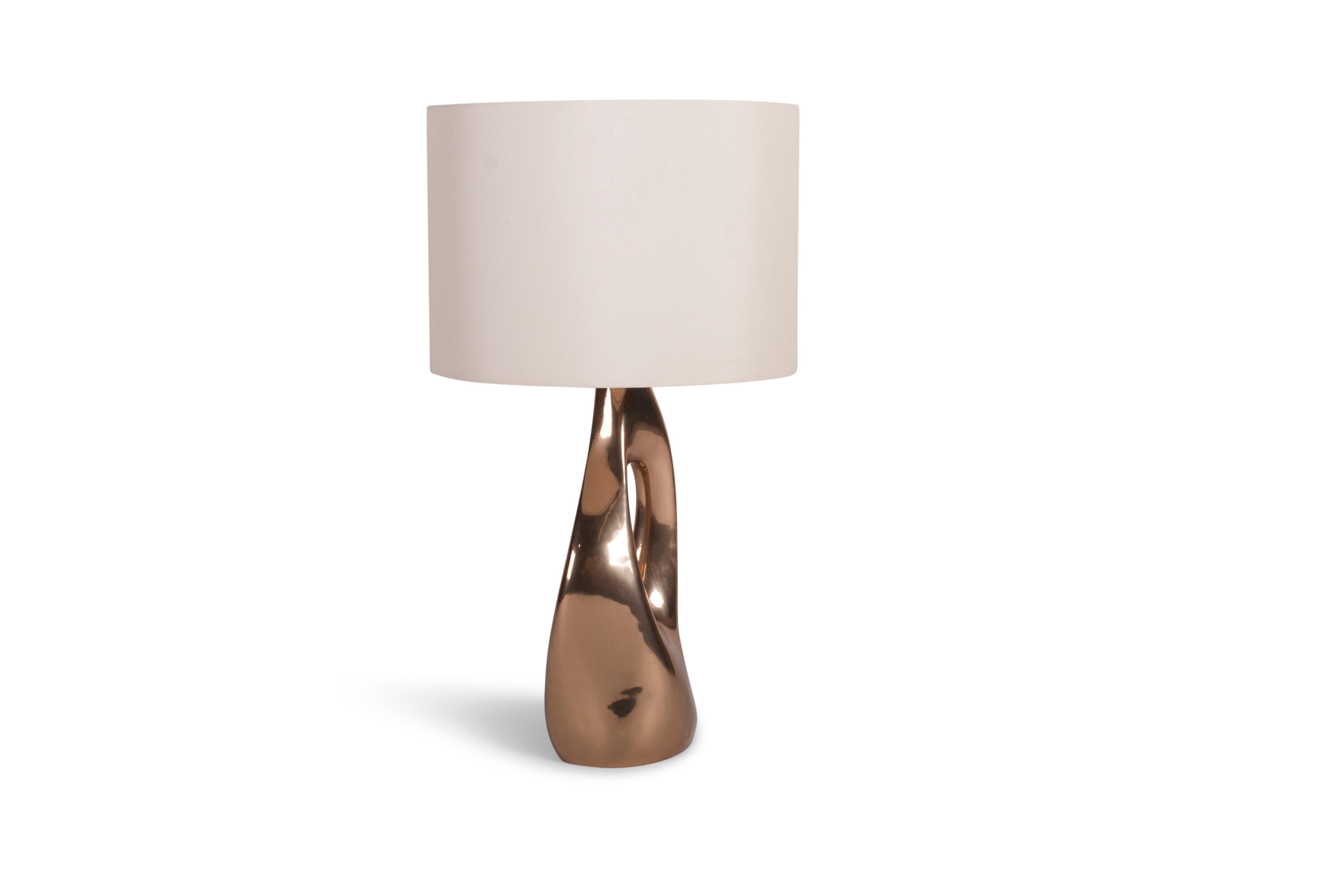 Contemporary Amorph Helix Table Lamp, Casted Bronze with Ivory Silk Shade For Sale