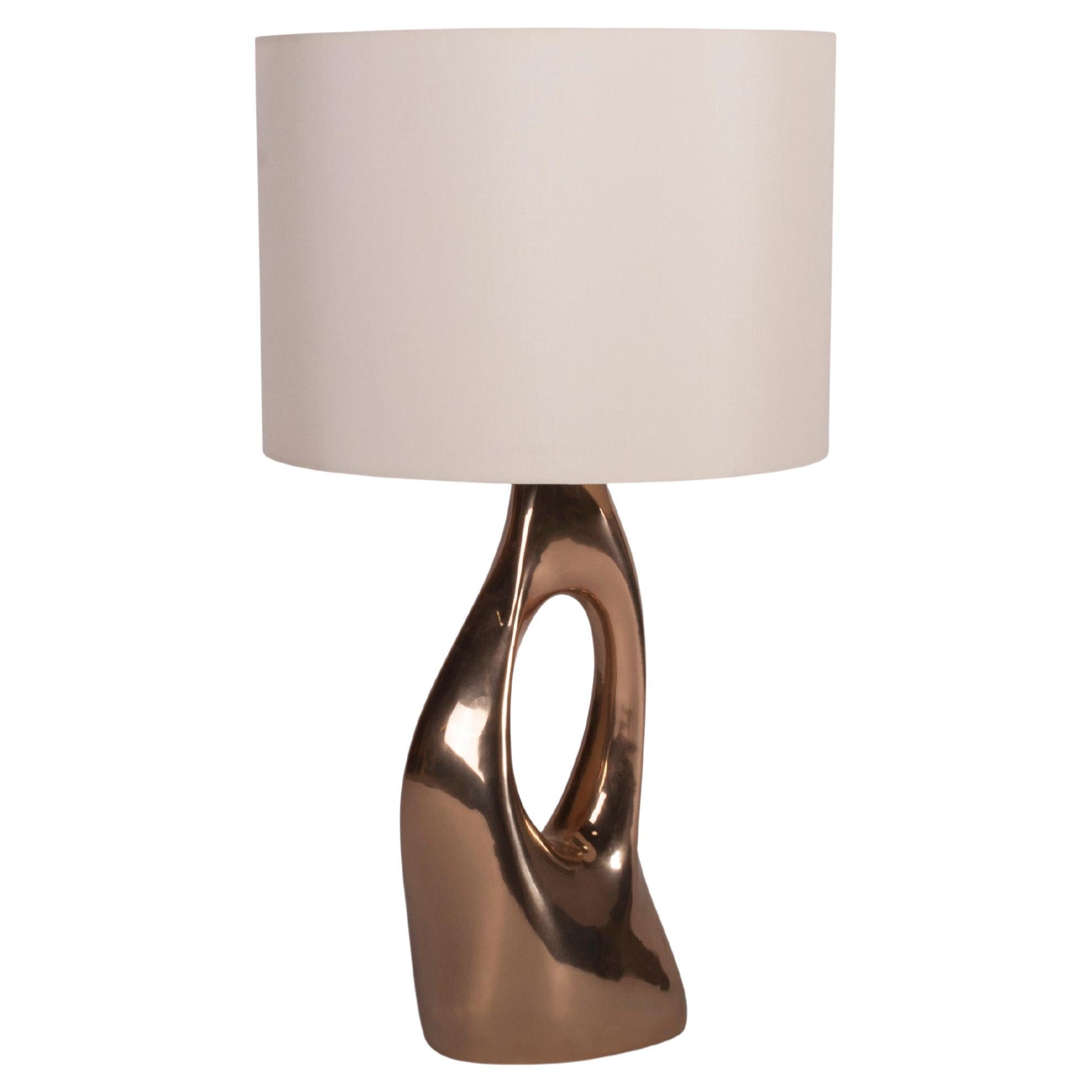 Lampe de table Helix, bronze moulé avec abat-jour en soie ivoire