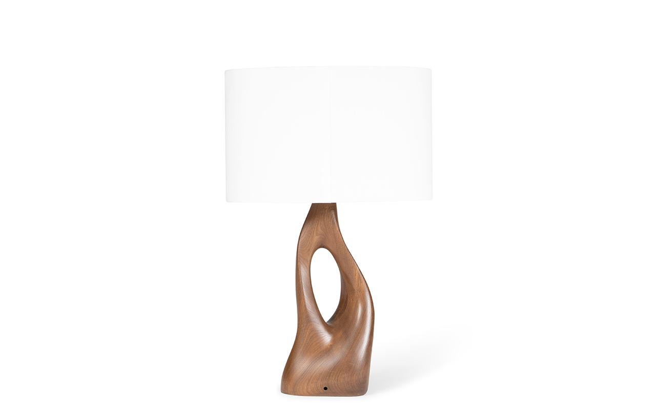 Carved Amorph Helix Table lamp Natural stain on walnut wood with oval Ivory silk shade For Sale