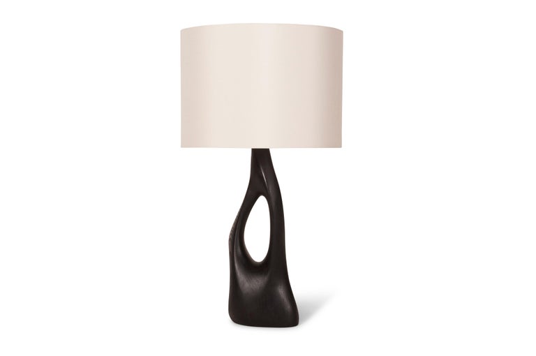 American Amorph Helix Table Lamp Solid Wood, Ebony Finish with Ivory Silk Shade For Sale
