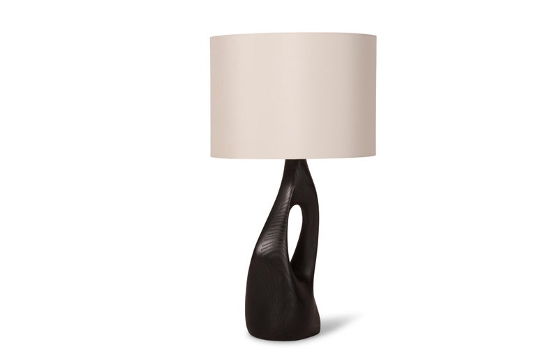 Carved Amorph Helix Table Lamp Solid Wood, Ebony Finish with Ivory Silk Shade For Sale