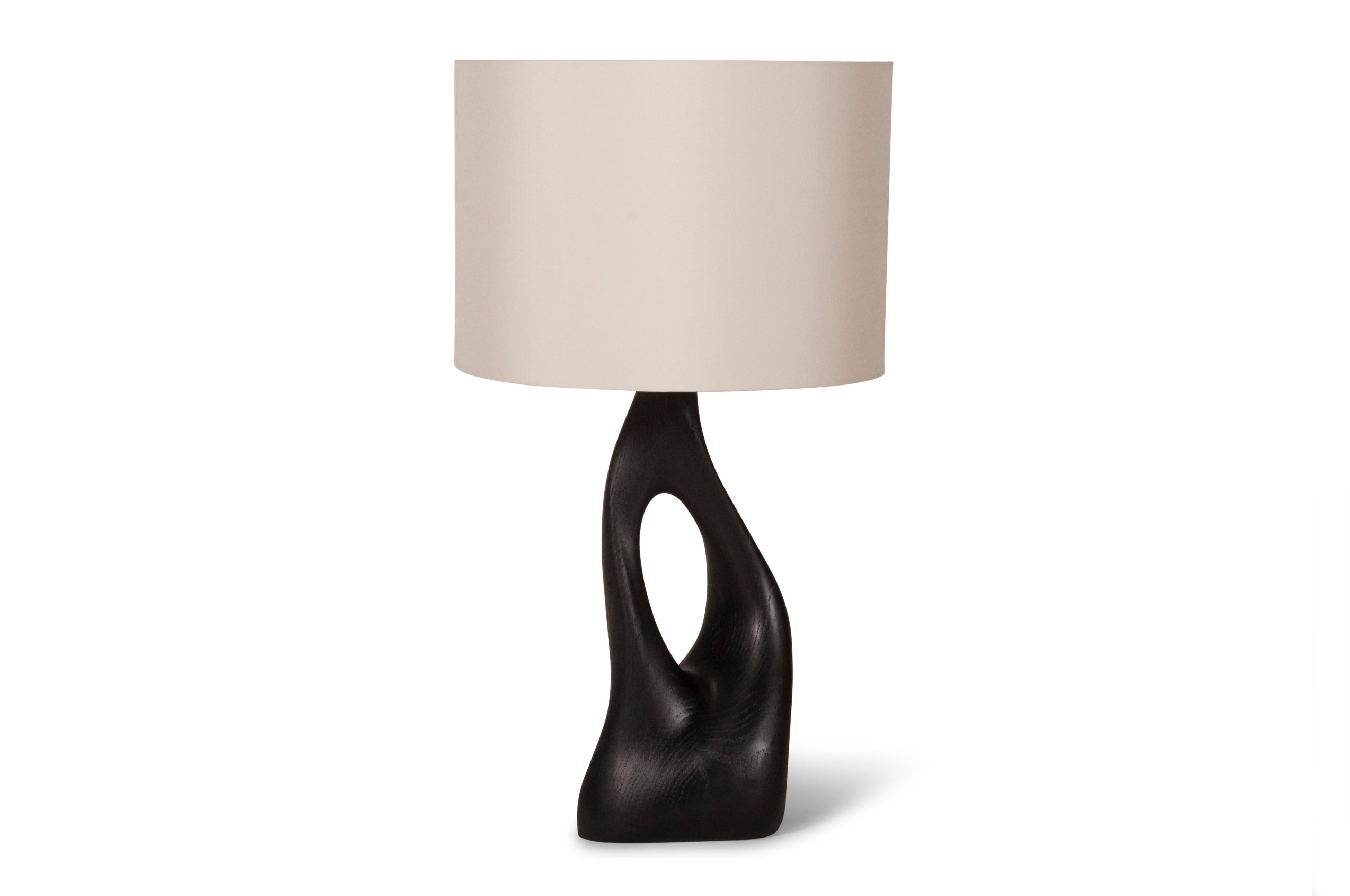 Carved Amorph Helix Table Lamp Solid Wood, Ebony Finish with Ivory Silk Shade For Sale