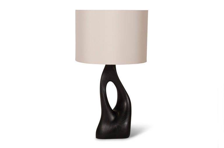 Carved Amorph Helix Table Lamp Solid Wood, Ebony Finish with Ivory Silk Shade For Sale