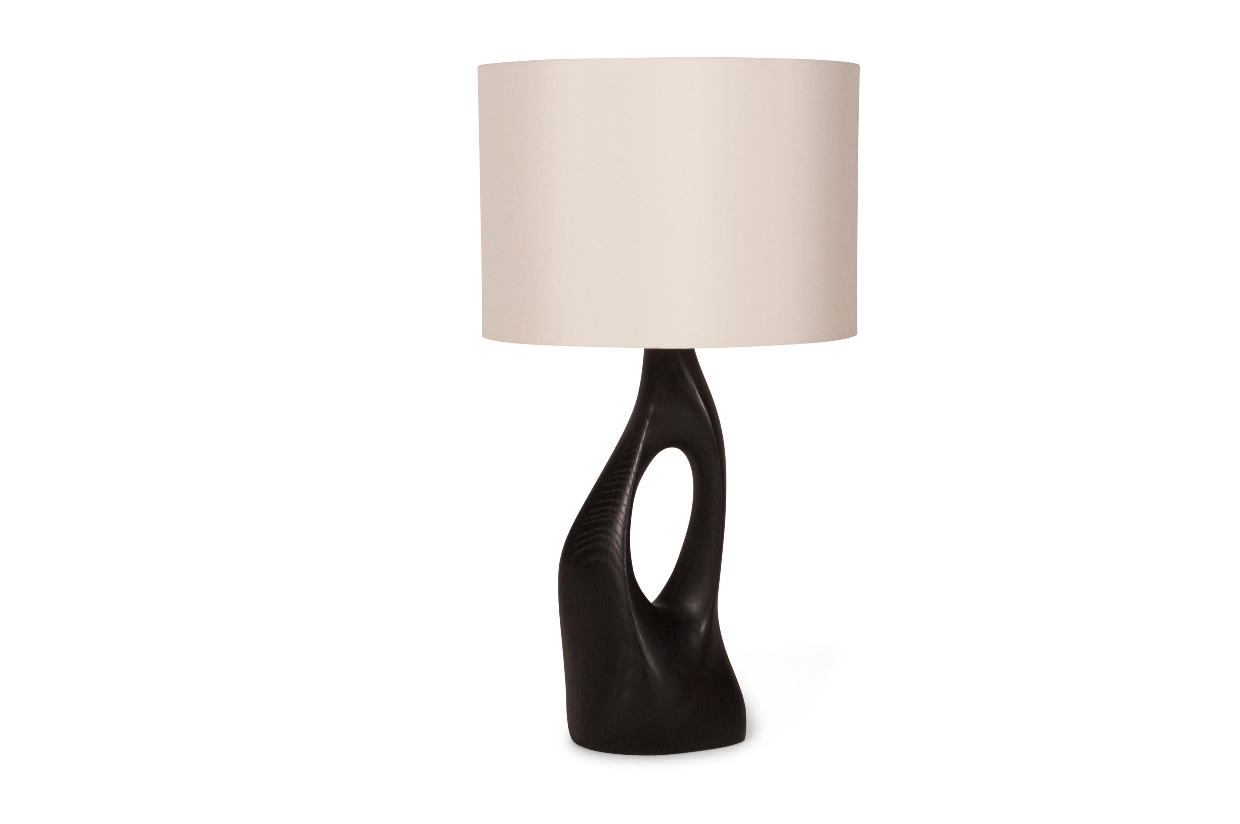 Modern Amorph Helix Table Lamp Solid Wood, Ebony Finish with Ivory Silk Shade For Sale