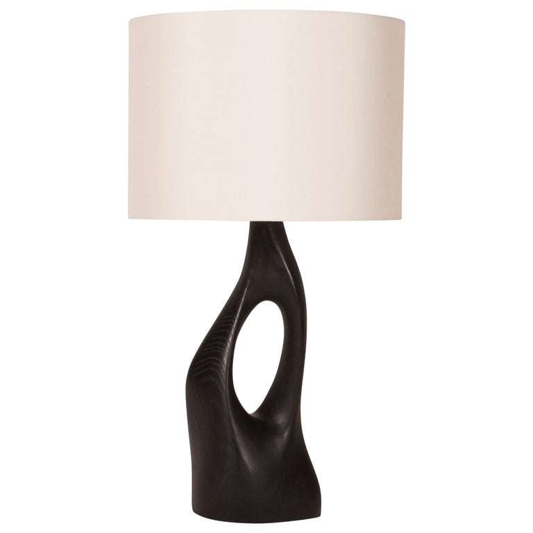 Amorph Helix Table Lamp Solid Wood, Ebony Finish with Ivory Silk Shade For Sale