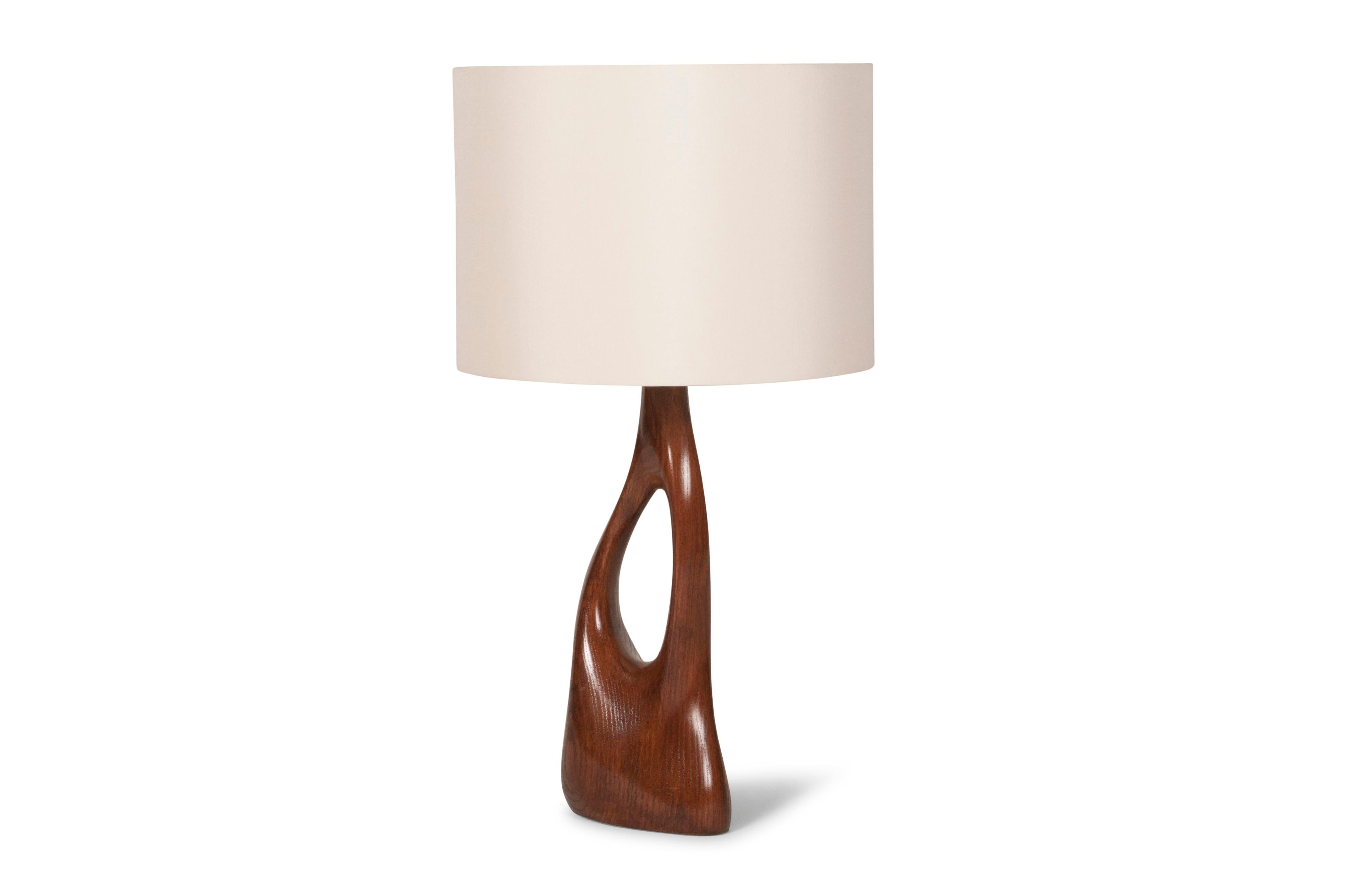 Organic Modern Amorph Helix Table Lamp, Solid wood, Walnut Finish with Ivory Silk Shade For Sale