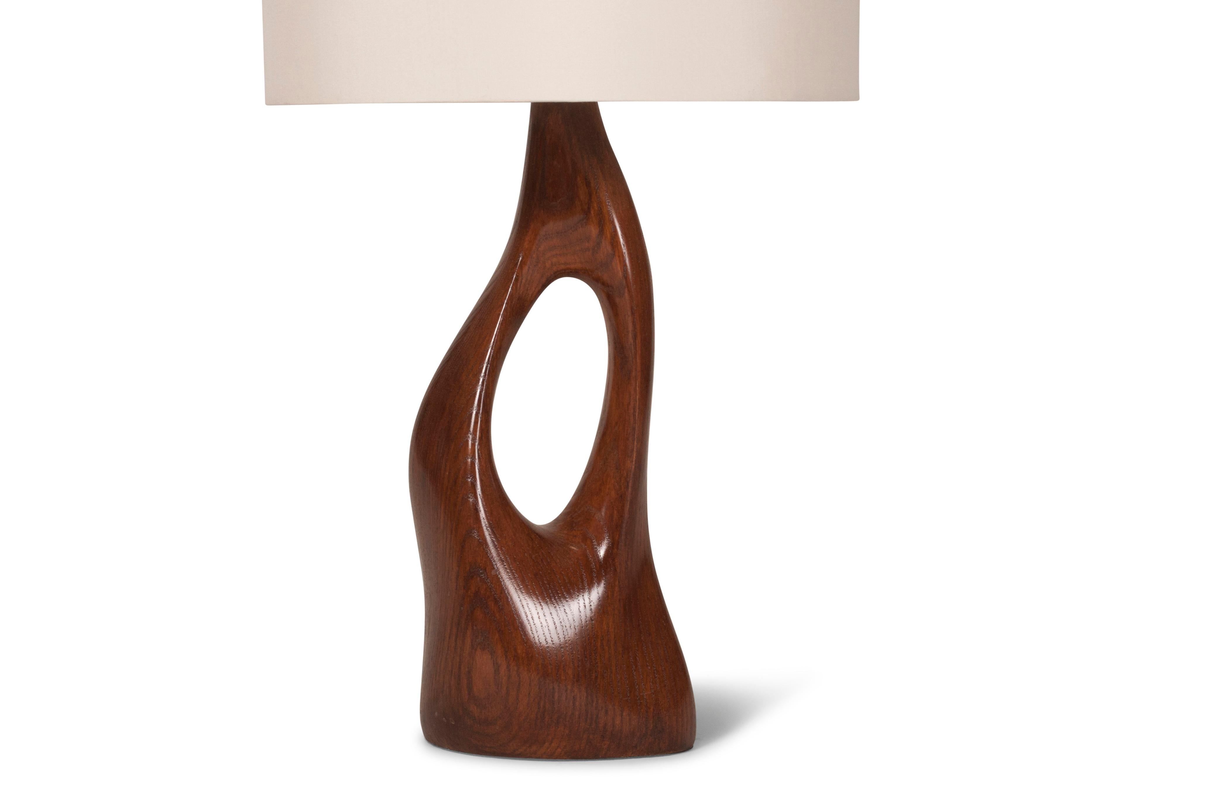 Modern Amorph Helix Table Lamp, Solid Wood, Walnut Finish with Ivory Silk Shade For Sale