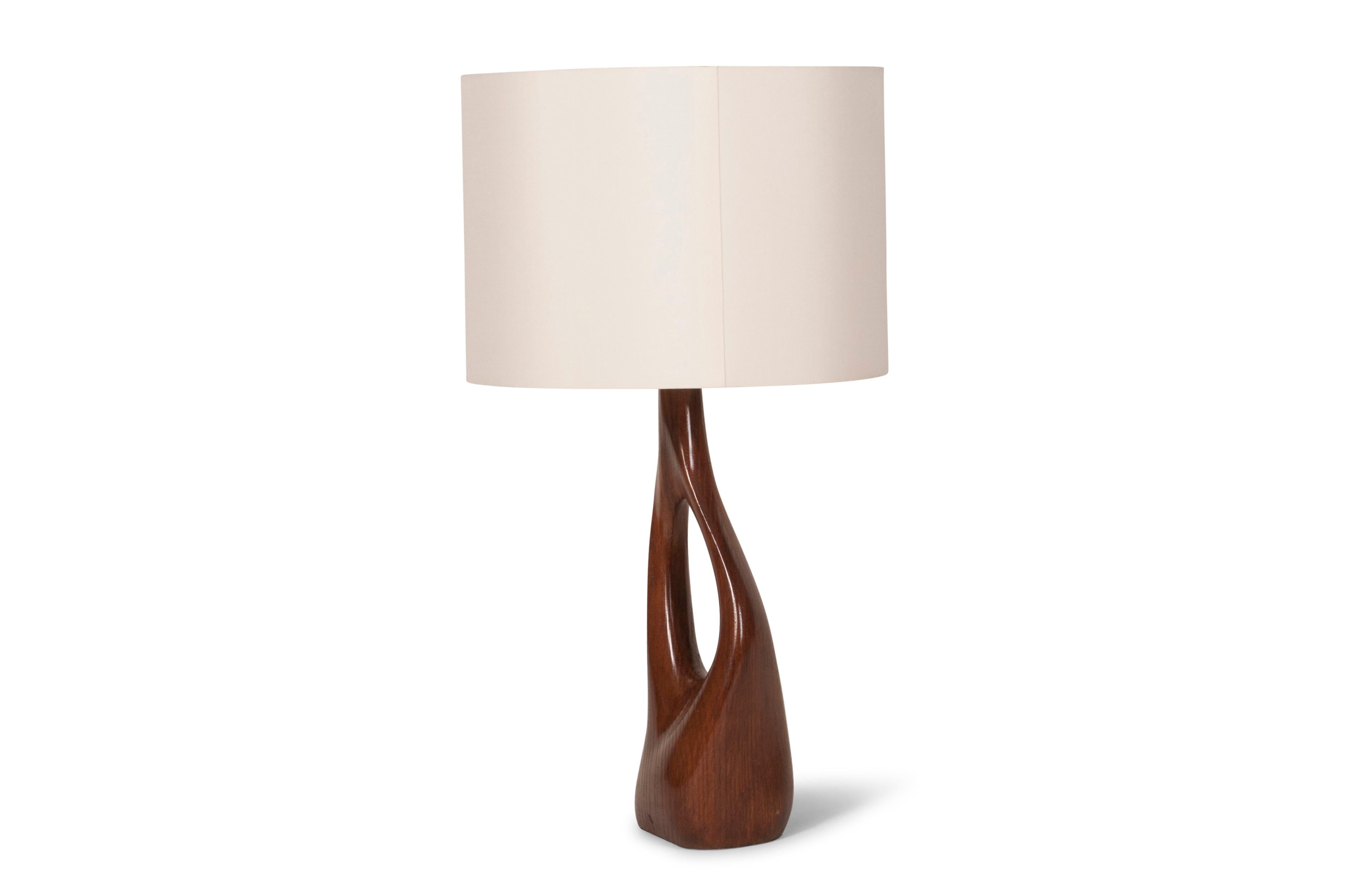 Carved Amorph Helix Table Lamp, Solid wood, Walnut Finish with Ivory Silk Shade For Sale