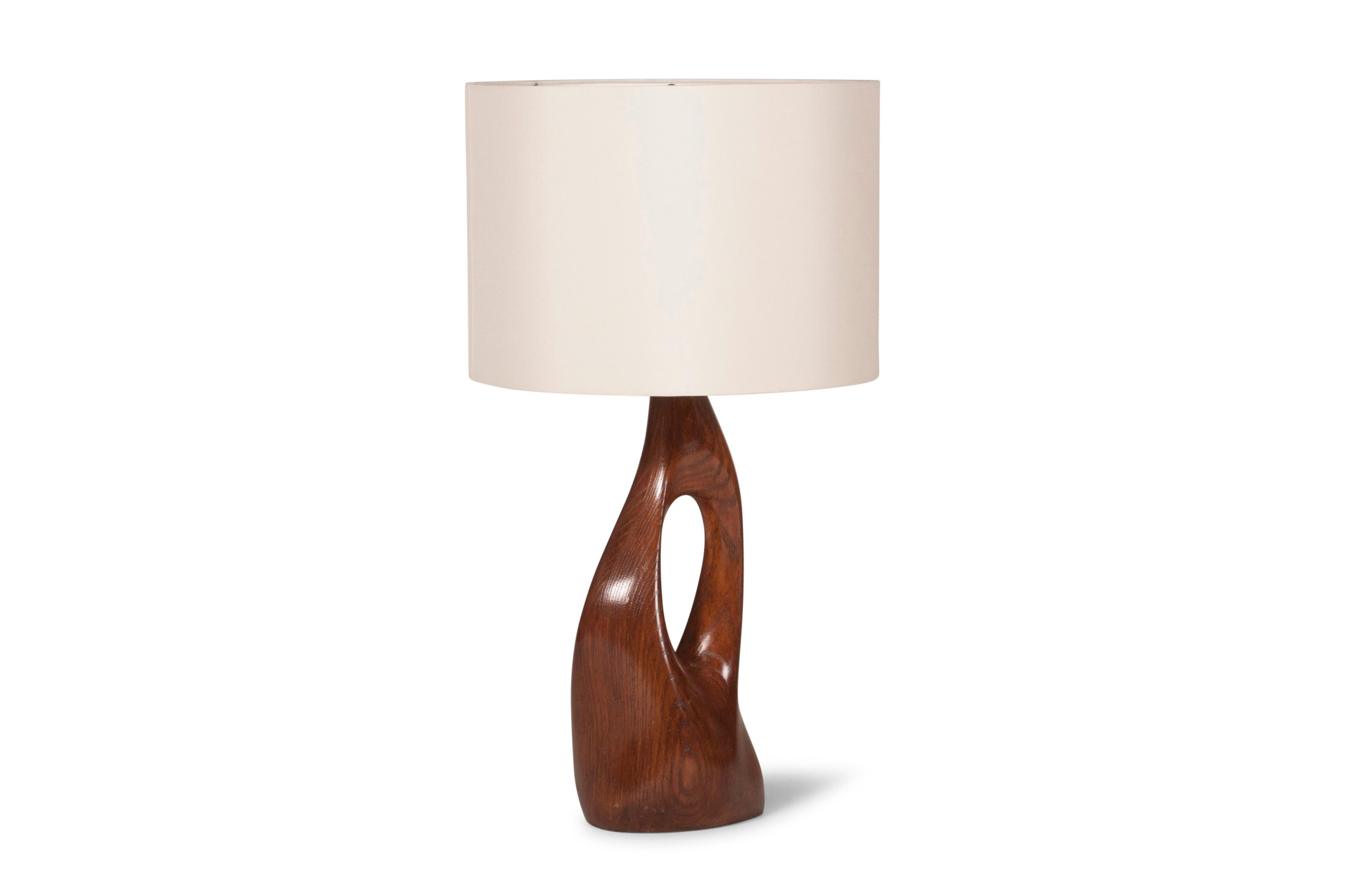 Carved Amorph Helix Table Lamp, Solid Wood, Walnut Finish with Ivory Silk Shade For Sale