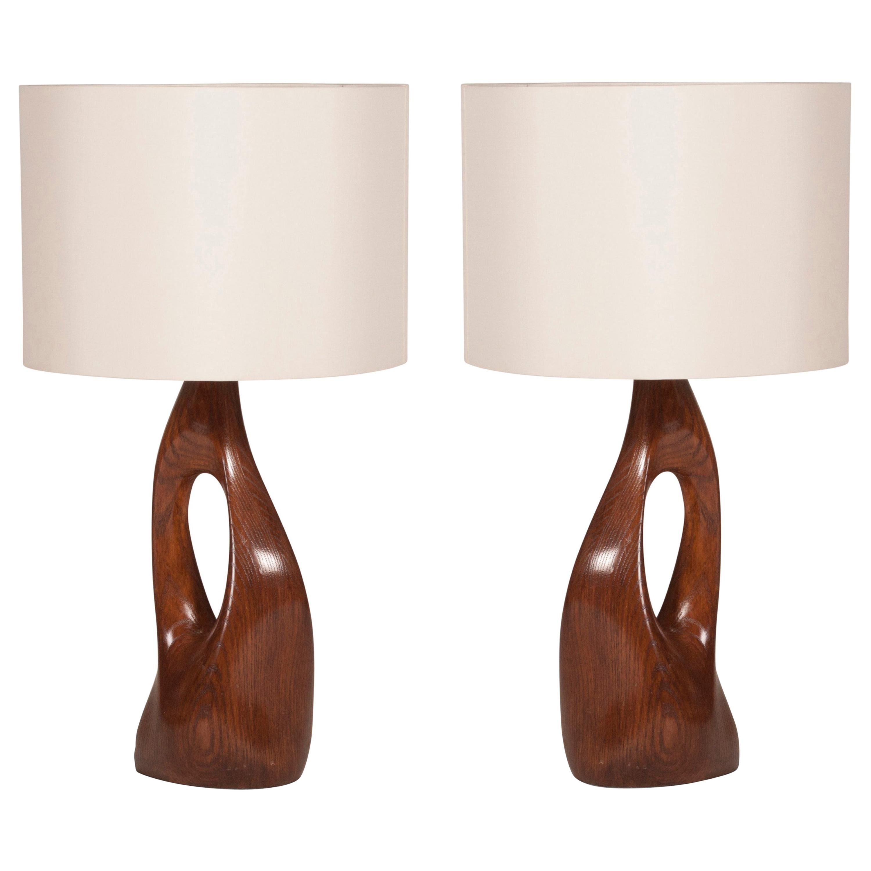 Amorph Helix Table Lamp, Solid Wood, Walnut Finish with Ivory Silk Shade
