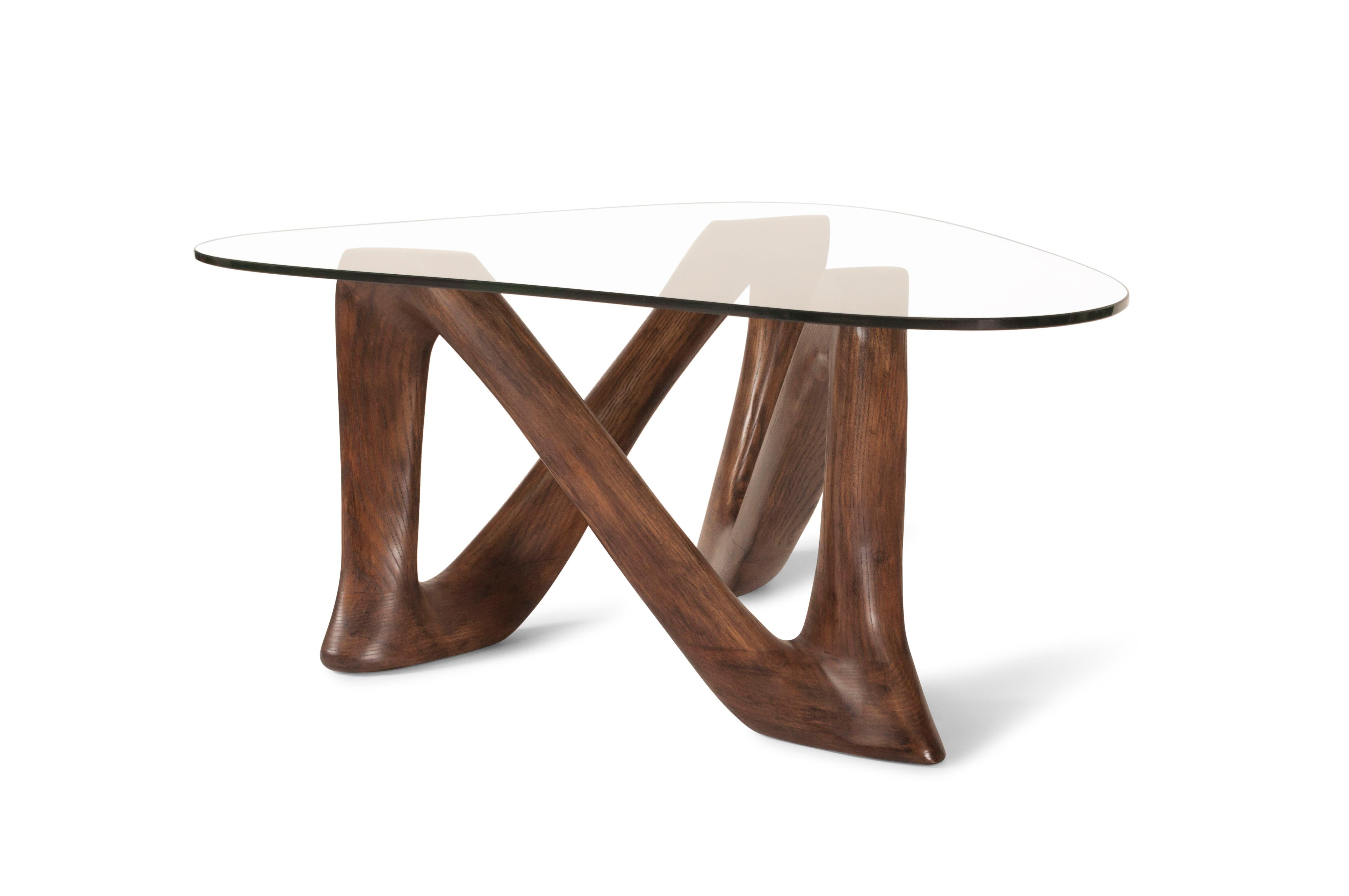 Carved Hermosa Coffee Table in Graphite Walnut stain on Ash wood with glass top For Sale