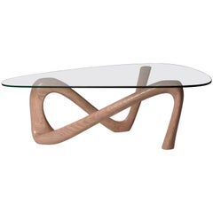 Tavolino Amorph Iris con vetro tinta Oak Gray su legno di frassino