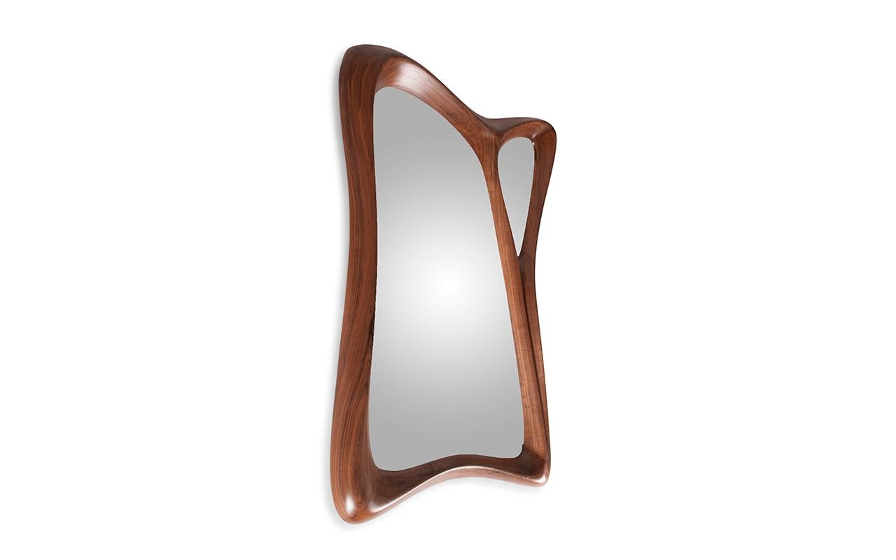 Organic Modern Amorph Jolie Modern Wall Mounted Mirror Walnut Wood with Natural Stain For Sale