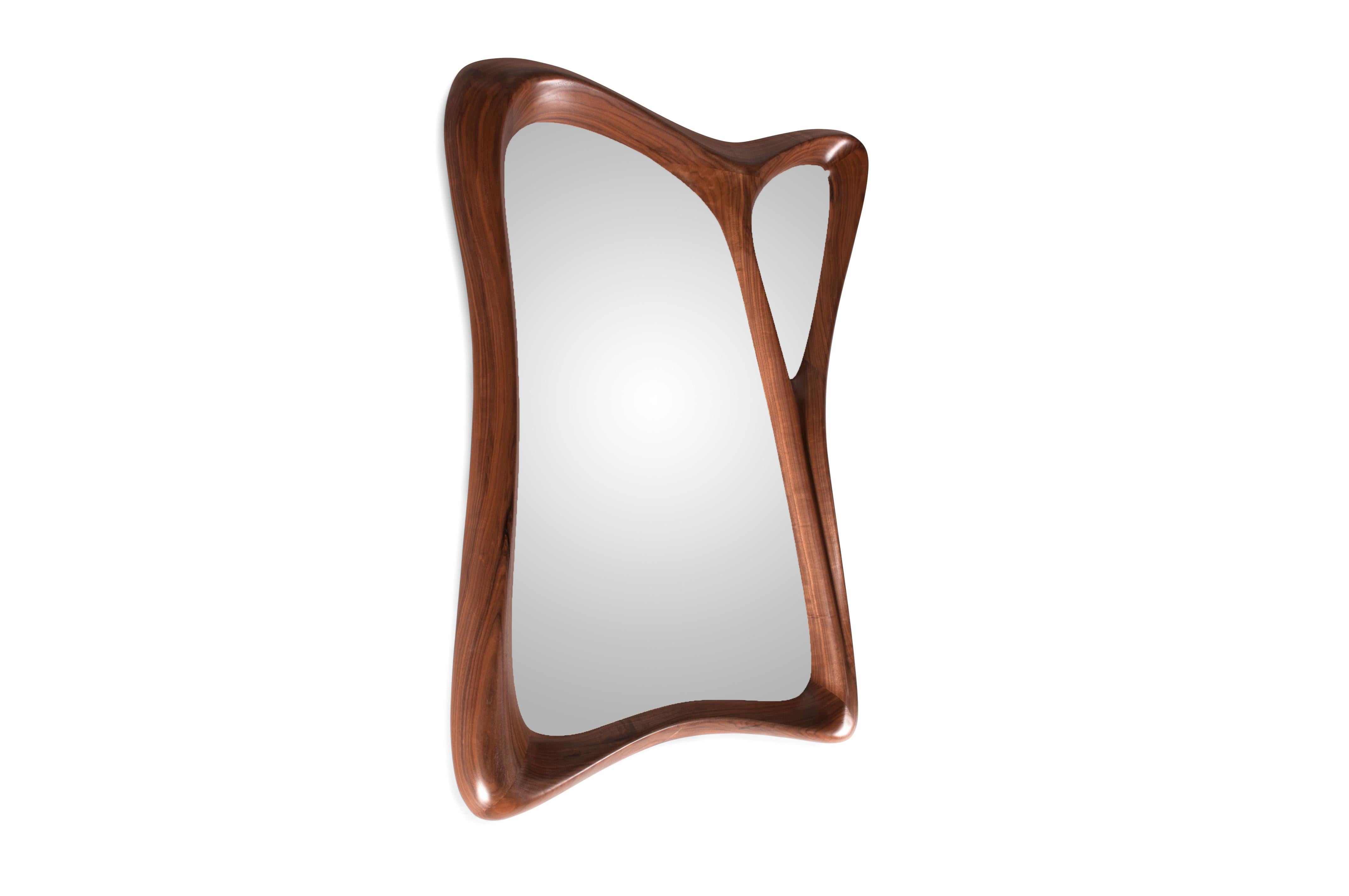 Carved Amorph Jolie Modern Wall Mounted Mirror Walnut Wood with Natural Stain For Sale