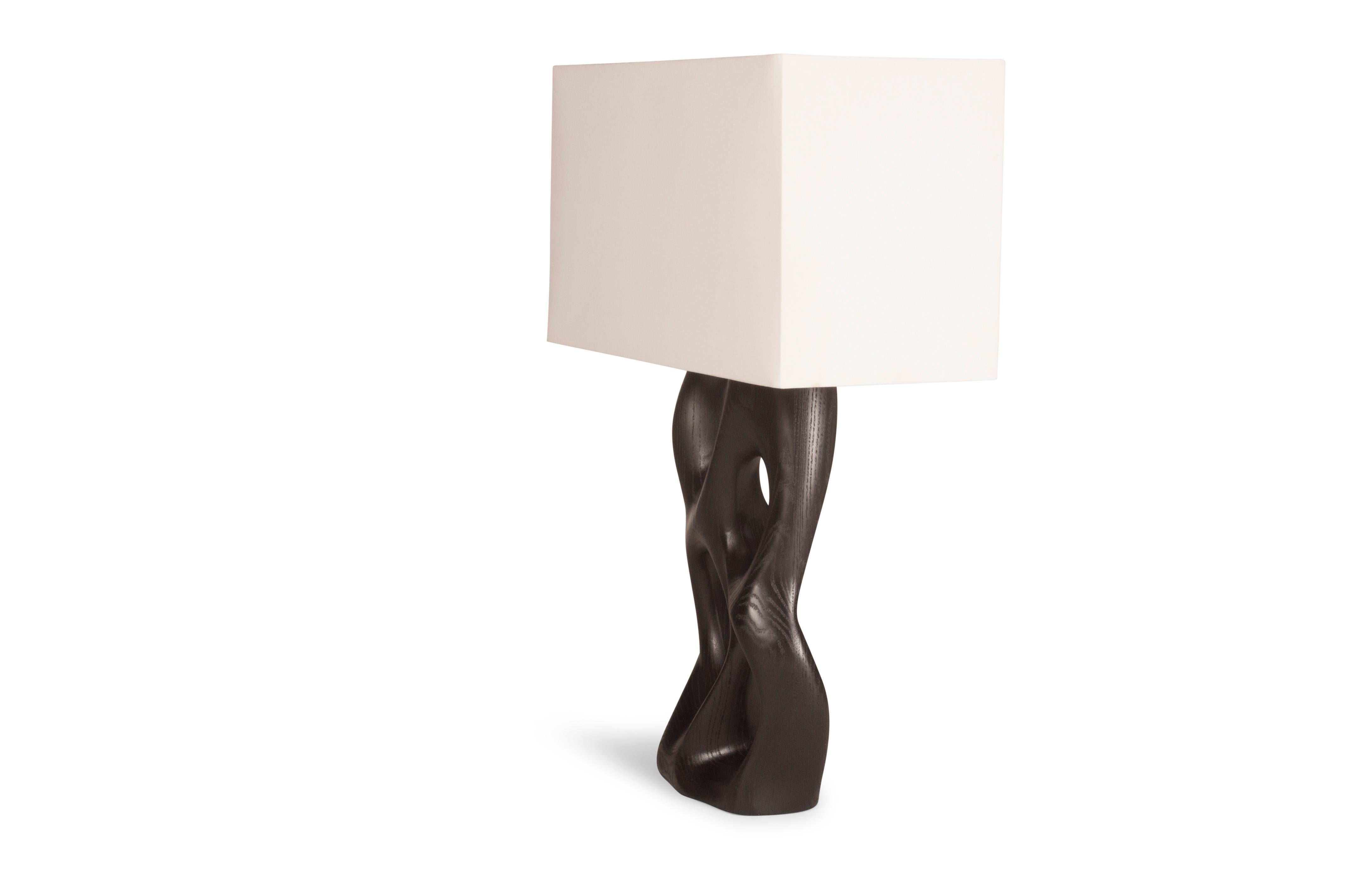 Carved Amorph Loop Table Lamp in Ebony Stain on Ash wood with Ivory Silk Shade For Sale