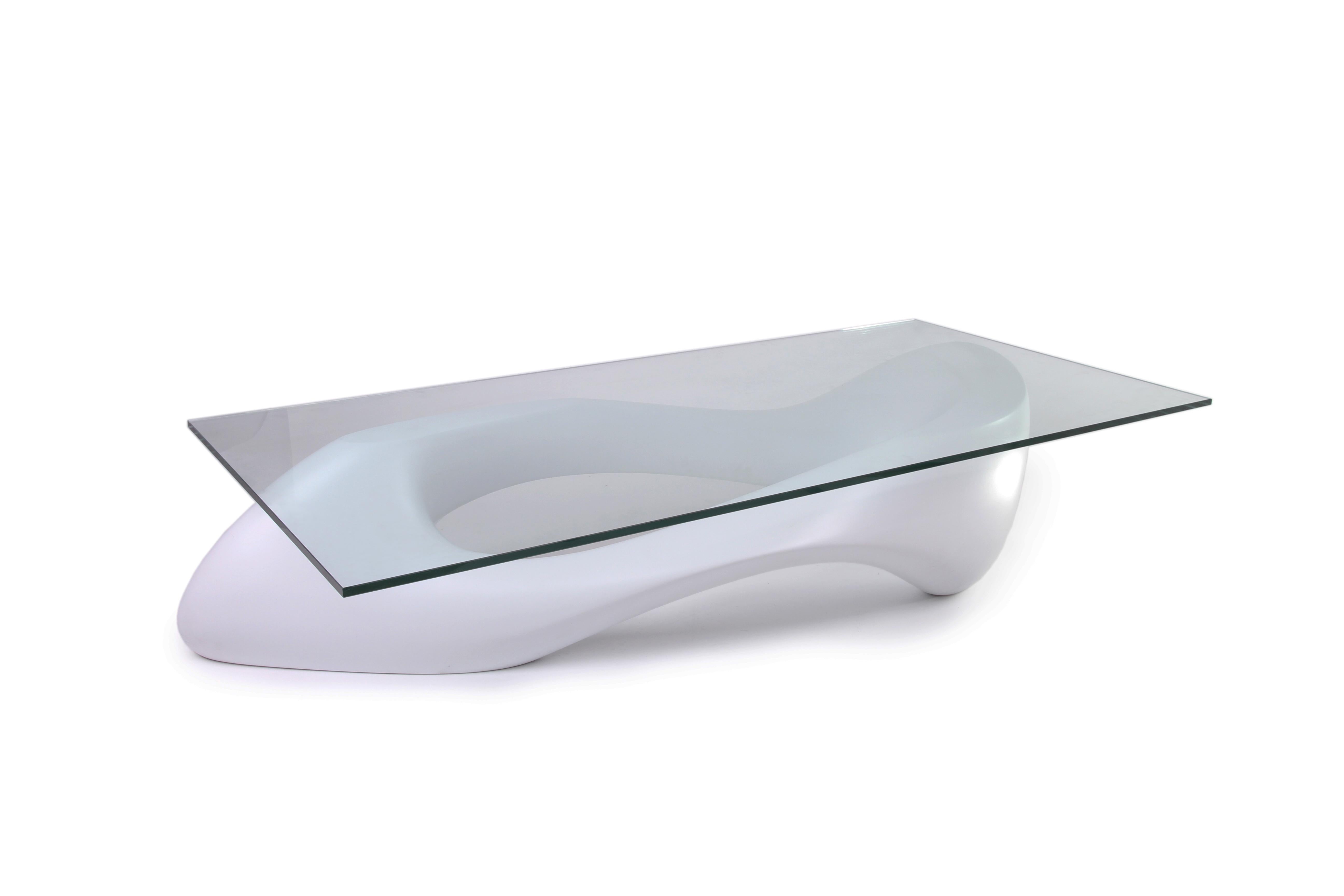 Machine-Made Amorph Lust Coffee Modern Table with glass top, White Lacquer  For Sale