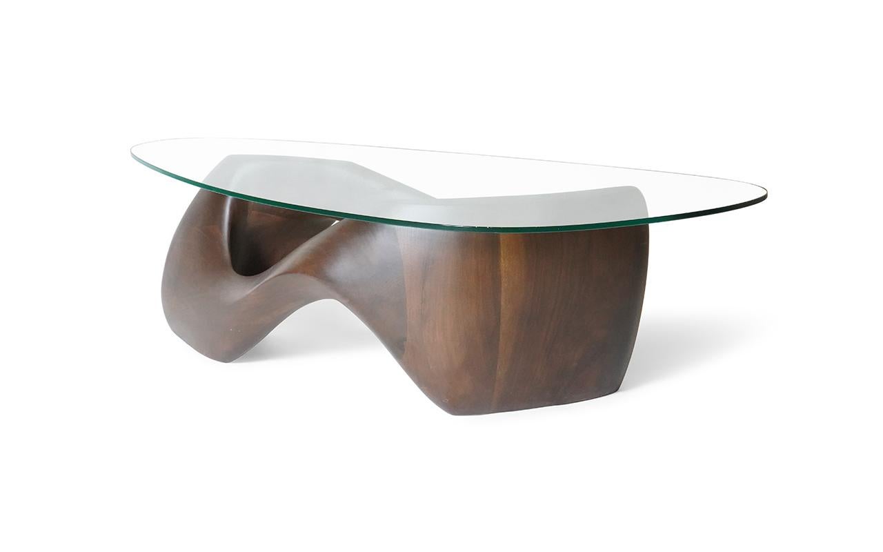 Amorph Lust Coffee Table Walnut wood Montana stain with glass top In New Condition For Sale In Los Angeles, CA