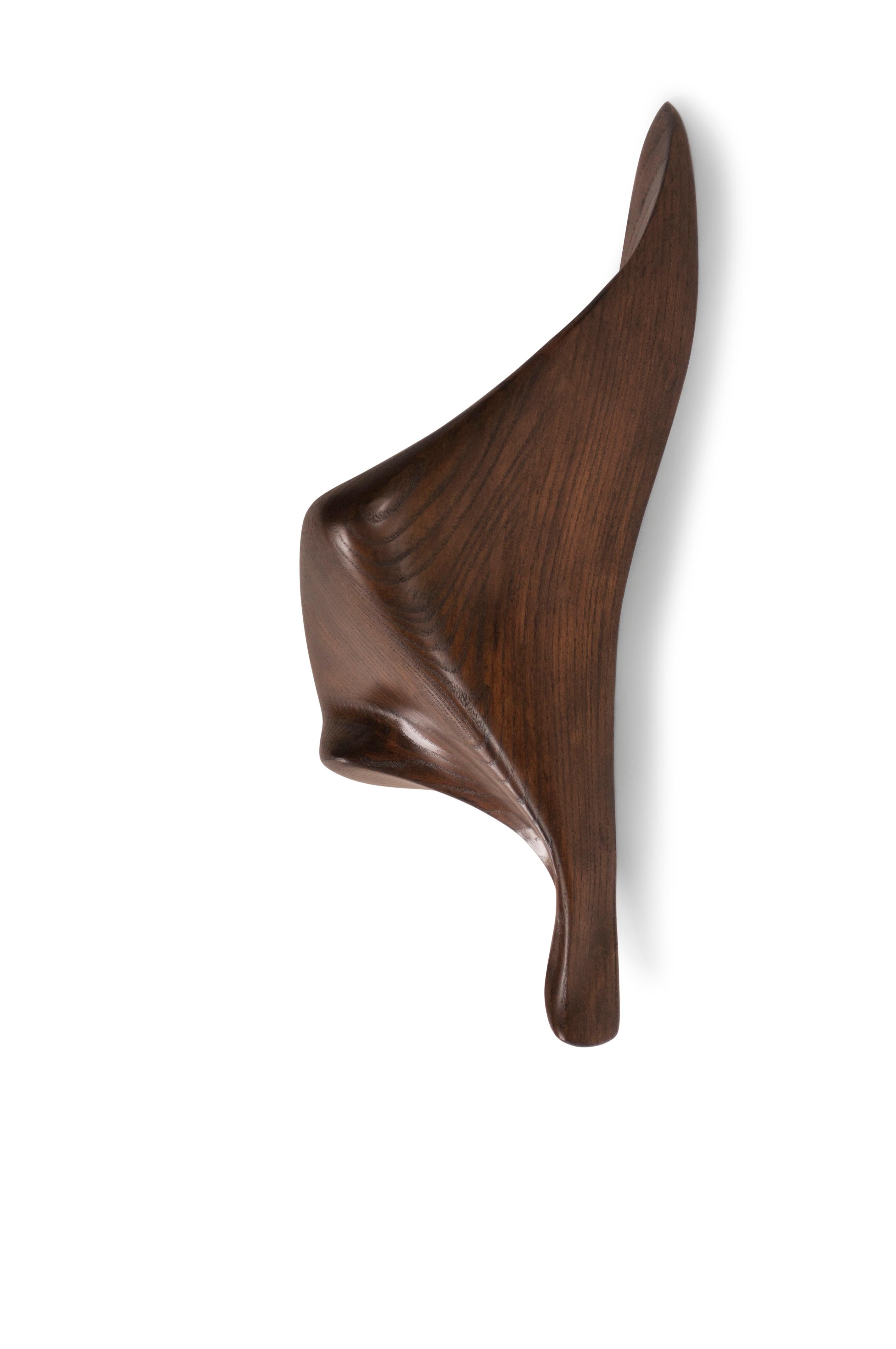 Carved Amorph Lustrous modern wall light in Graphite Walnut stain Ash wood Facing Right For Sale