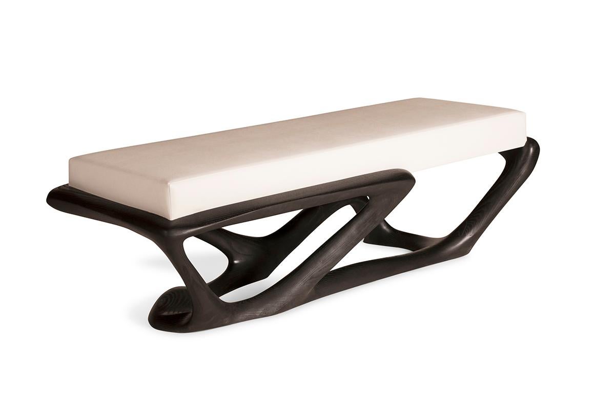 Organic Modern Amorph Nala Sculptural Bench in Ebony stain on Ash wood with White Leather For Sale