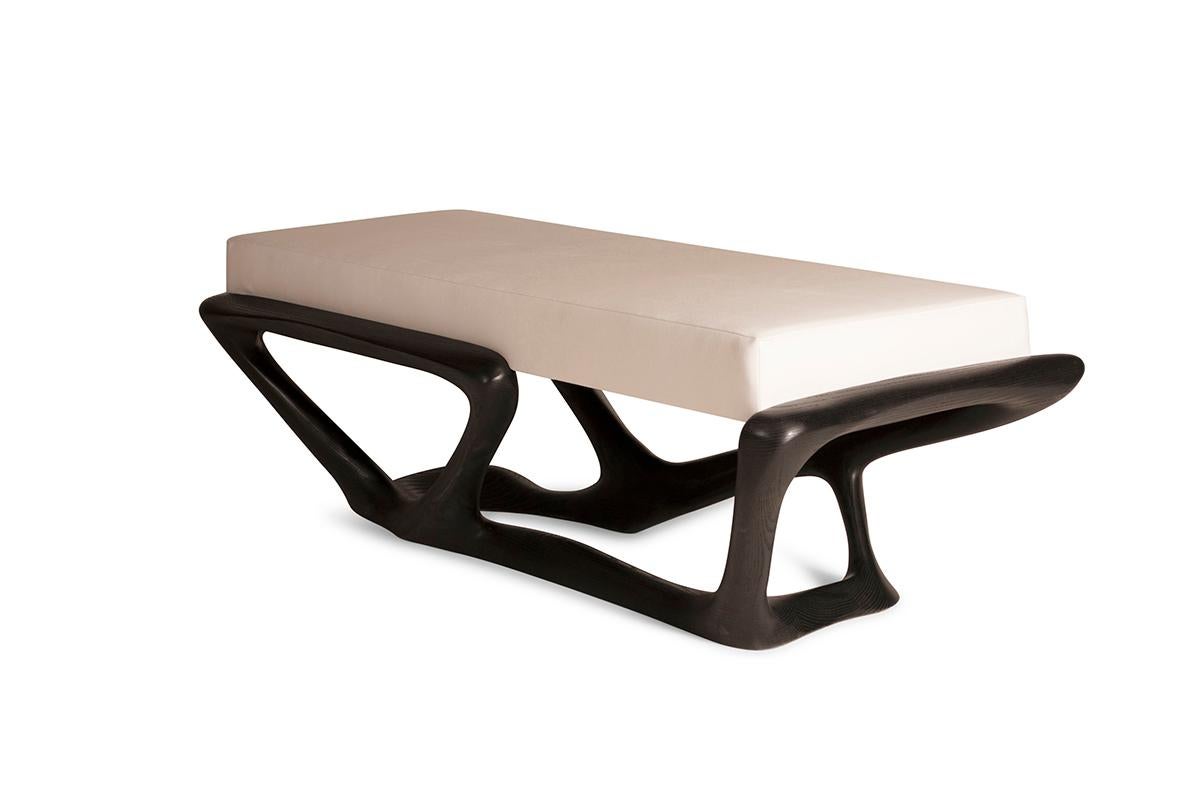 American Amorph Nala Sculptural Bench in Ebony stain on Ash wood with White Leather For Sale