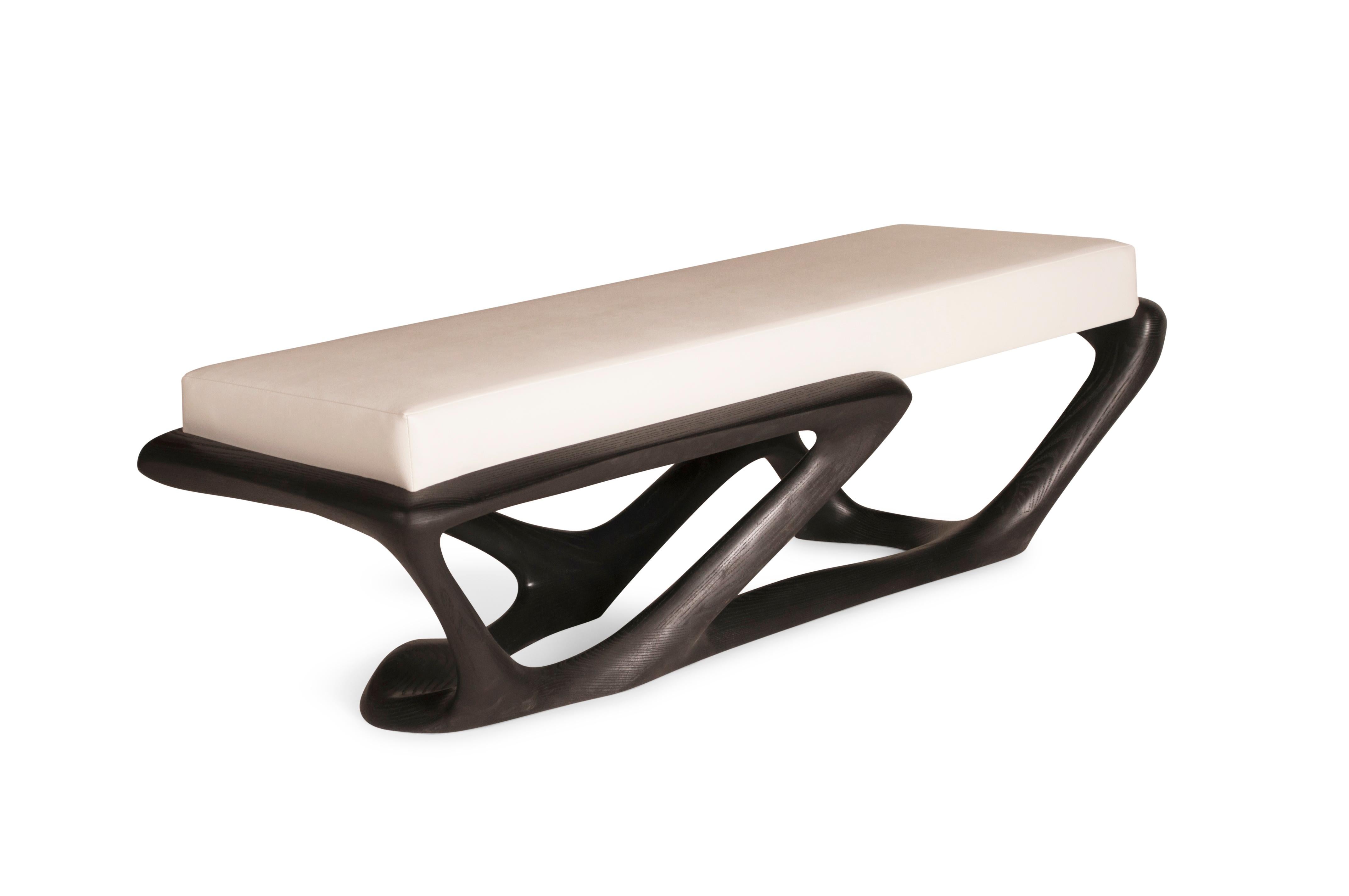 Carved Amorph Nala Sculptural Bench in Ebony stain on Ash wood with White Leather For Sale