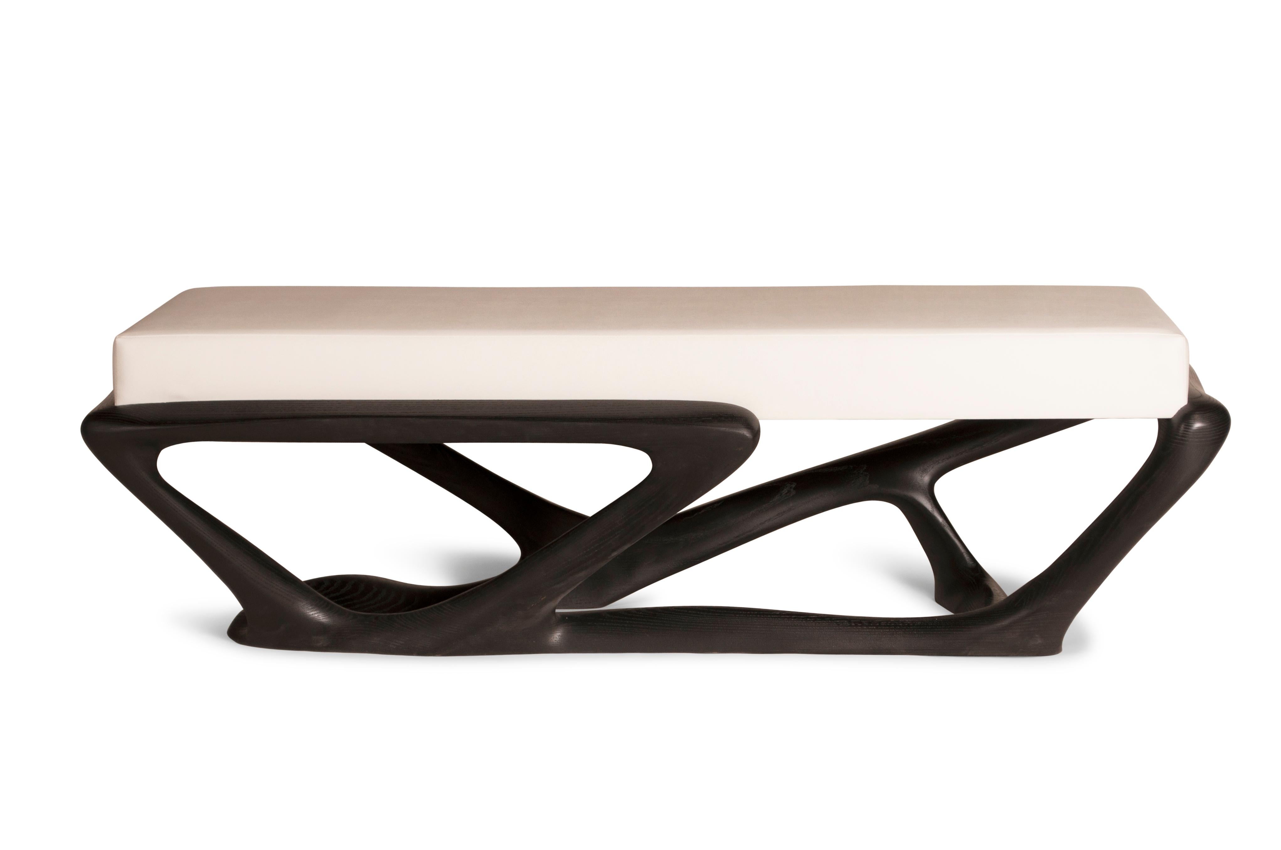 Amorph Nala Sculptural Bench in Ebony stain on Ash wood with White Leather In New Condition For Sale In Los Angeles, CA