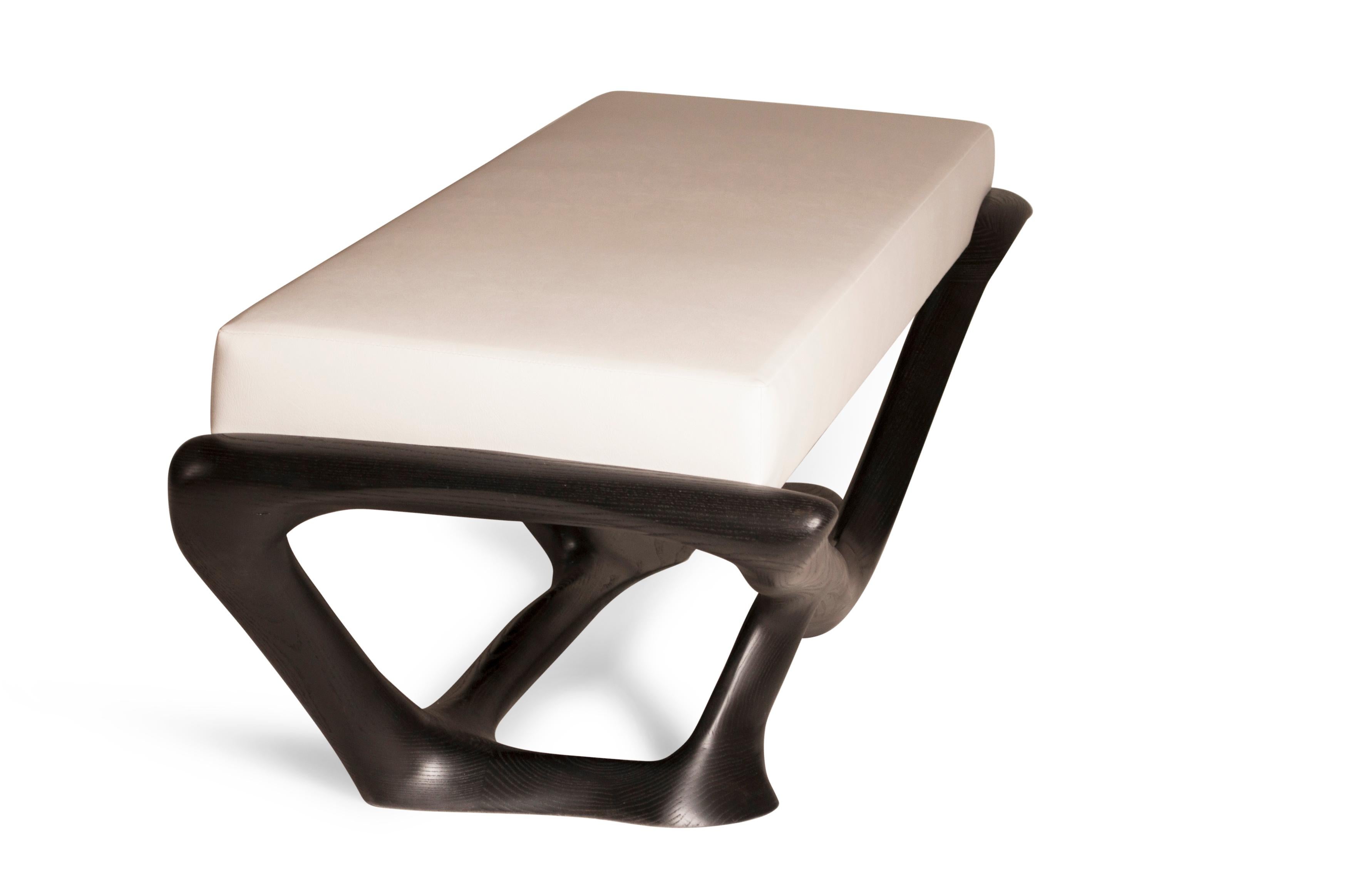 Contemporary Amorph Nala Sculptural Bench in Ebony stain on Ash wood with White Leather For Sale