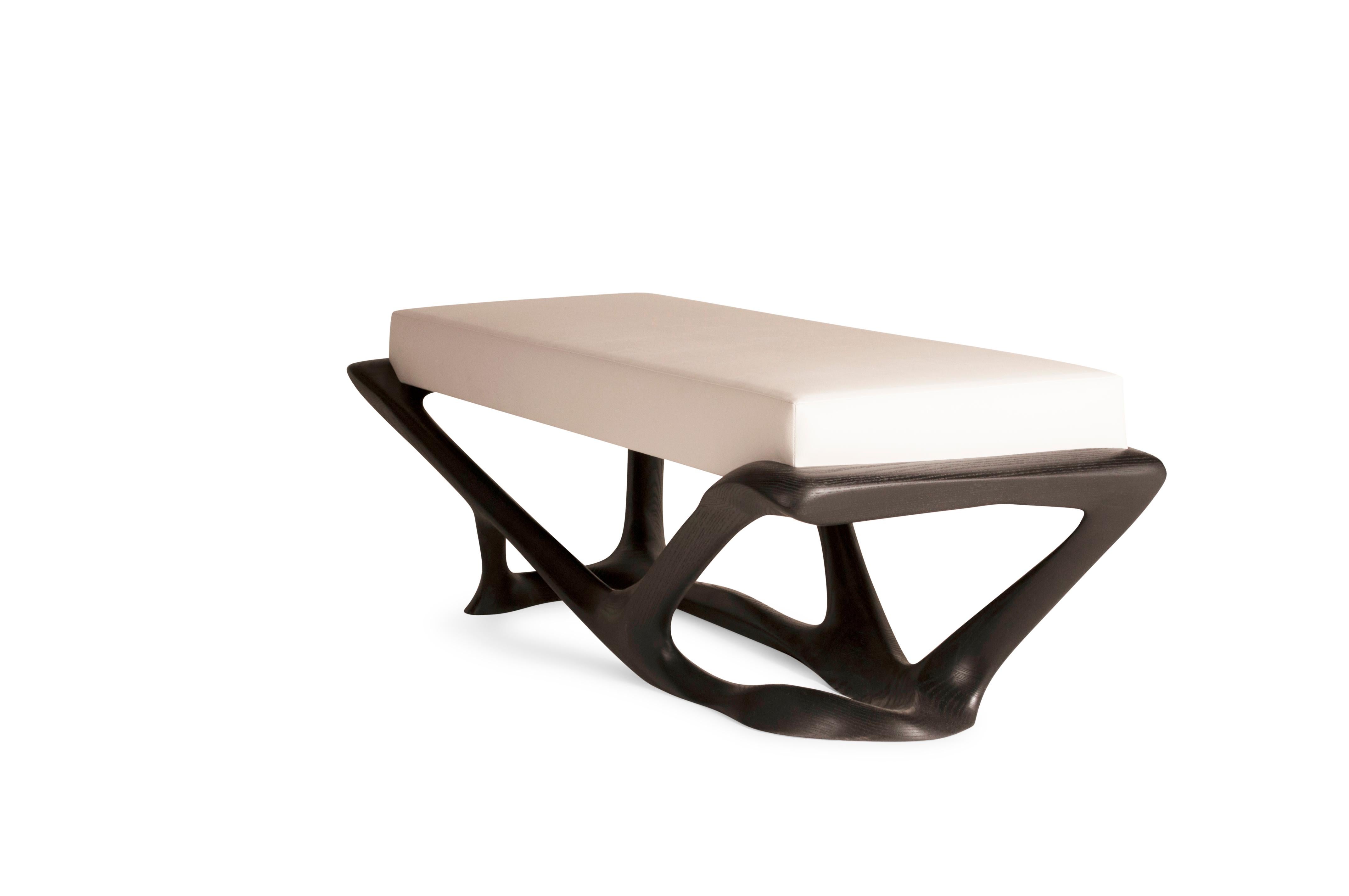 Amorph Nala Sculptural Bench in Ebony stain on Ash wood with White Leather For Sale 1