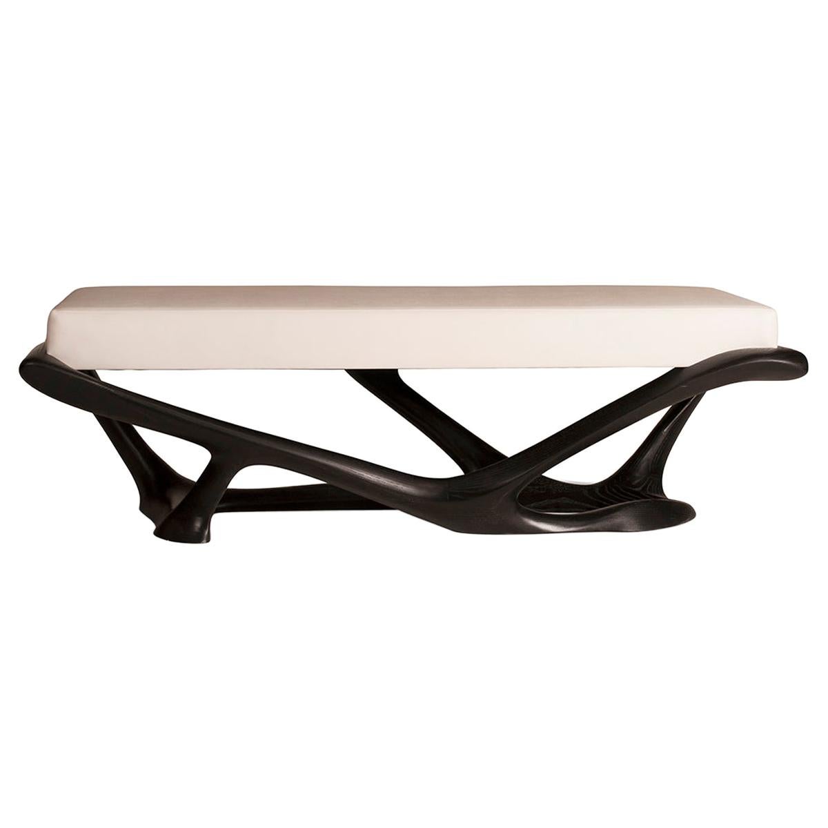 Amorph Nala Sculptural Bench in Ebony stain on Ash wood with White Leather For Sale