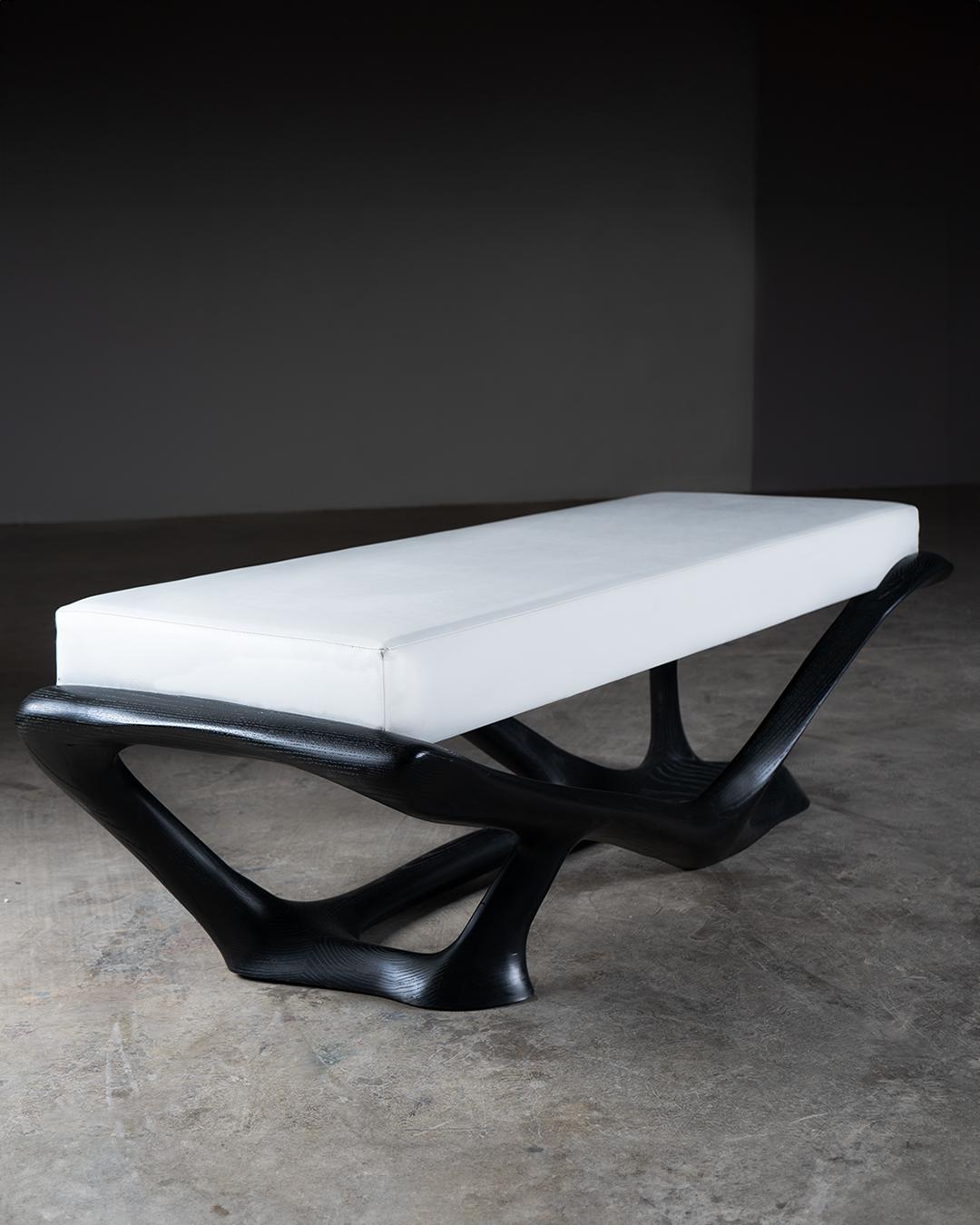 Carved Nana Bench, Ebony stain, Ash wood, White leather upholstery by Amorph For Sale