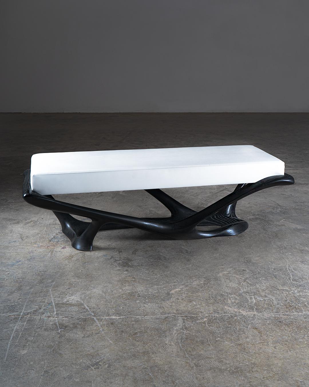 Nana Bench, Ebony stain, Ash wood, White leather upholstery by Amorph In New Condition For Sale In Los Angeles, CA