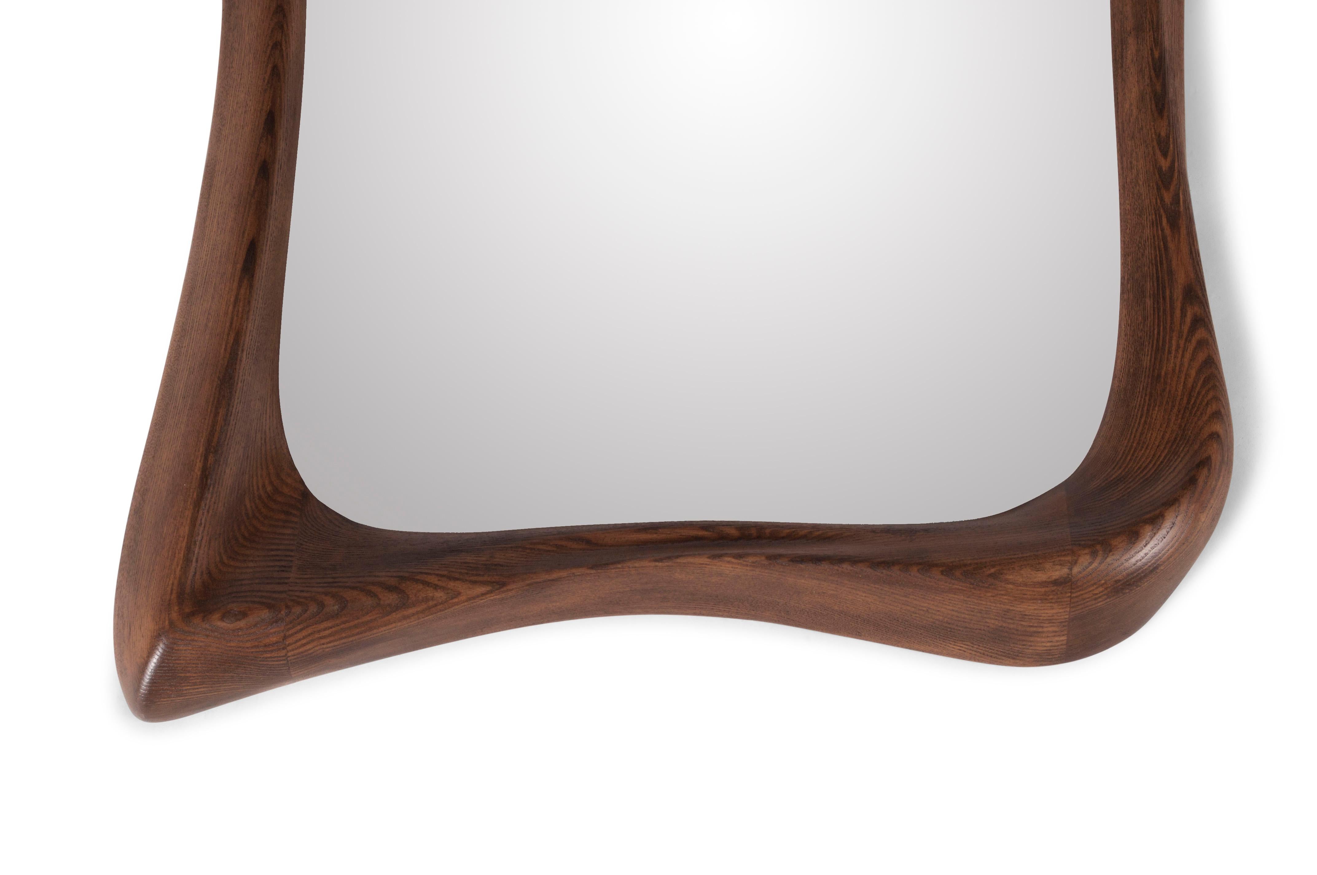Carved Amorph Narcissus Mirror in Graphite Walnut stain on Ash wood For Sale