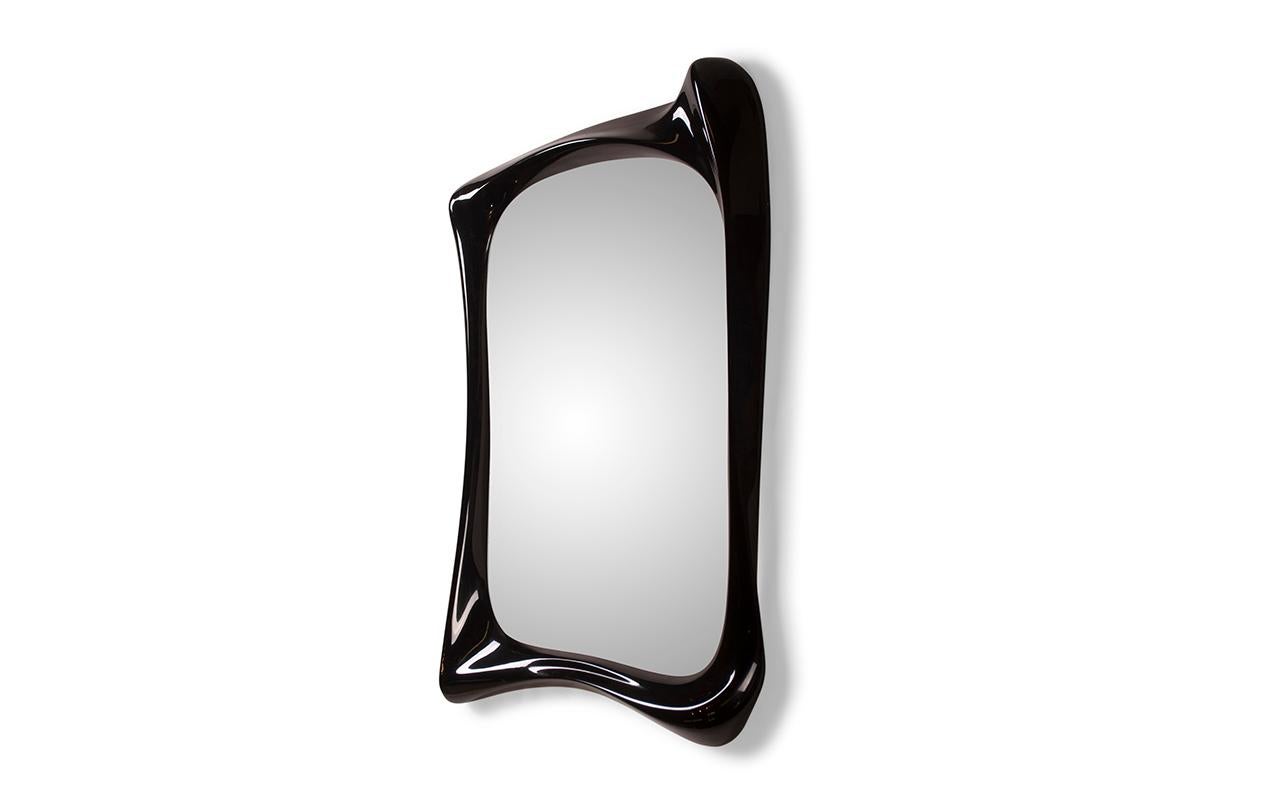 Carved Amorph Narcissus Modern Mirror in Black lacquer finish For Sale