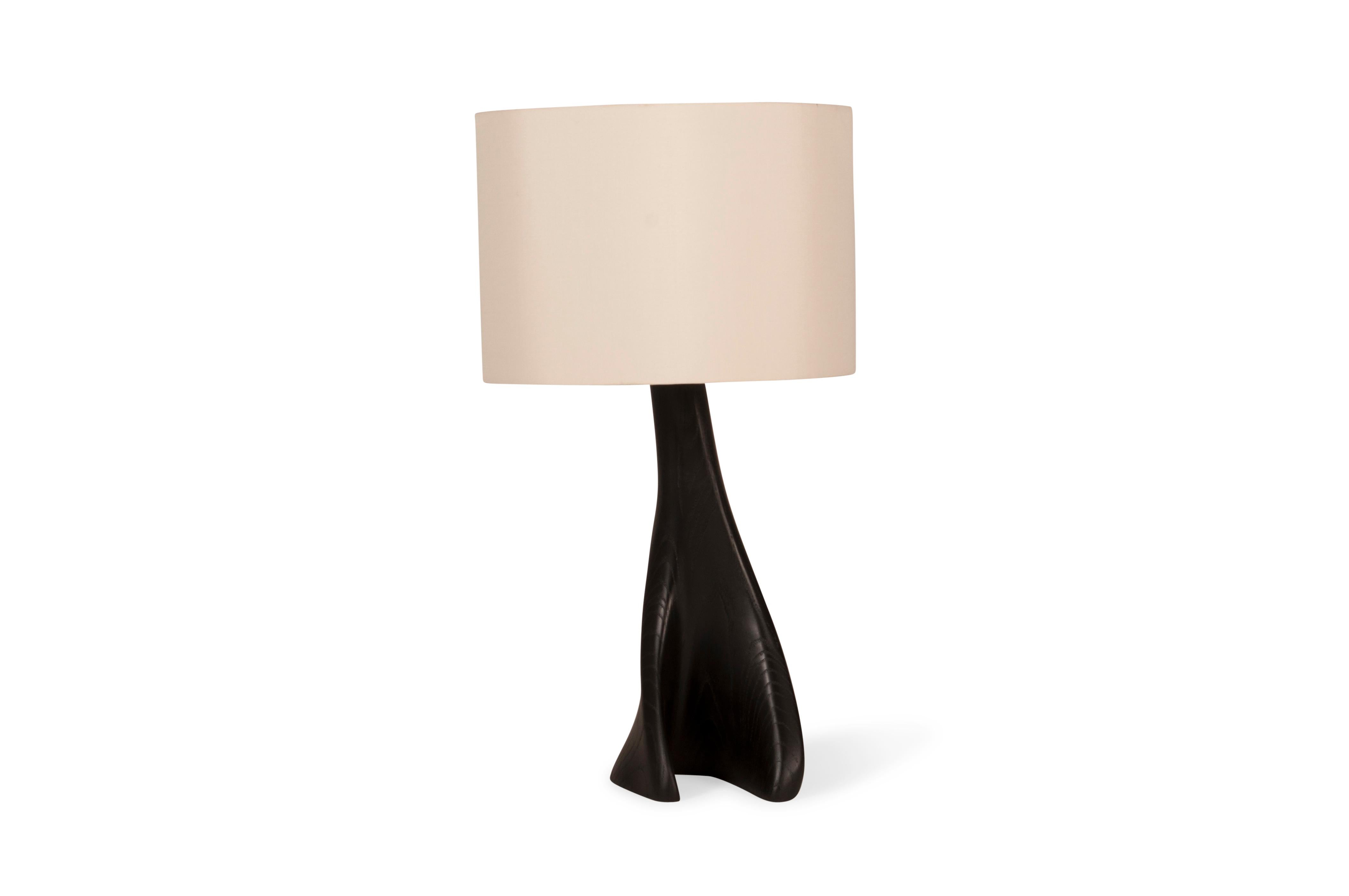 Carved Nile Lamp Ebony stain on Ash wood with Ivory Silk Shade by Amorph For Sale