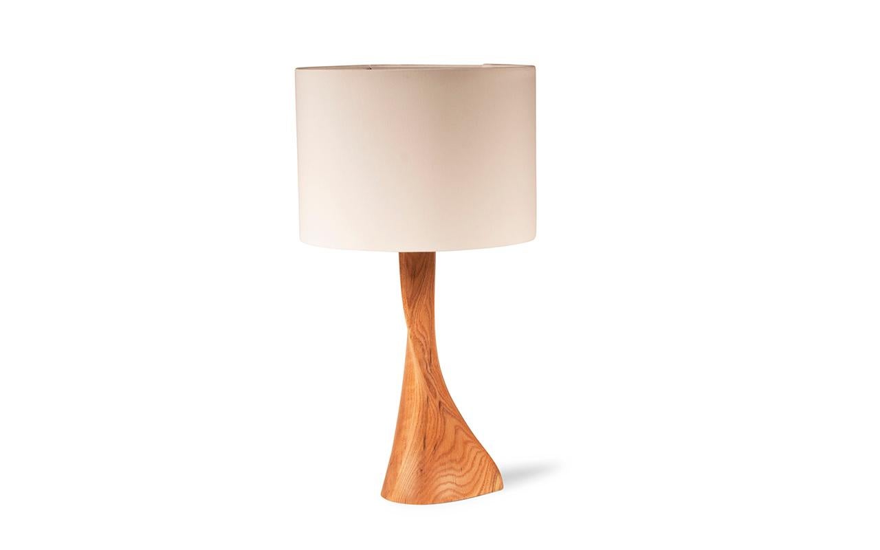 Carved Amorph Nile Table Lamp in Natural Stain in White Oak and Ivory Silk Shade For Sale