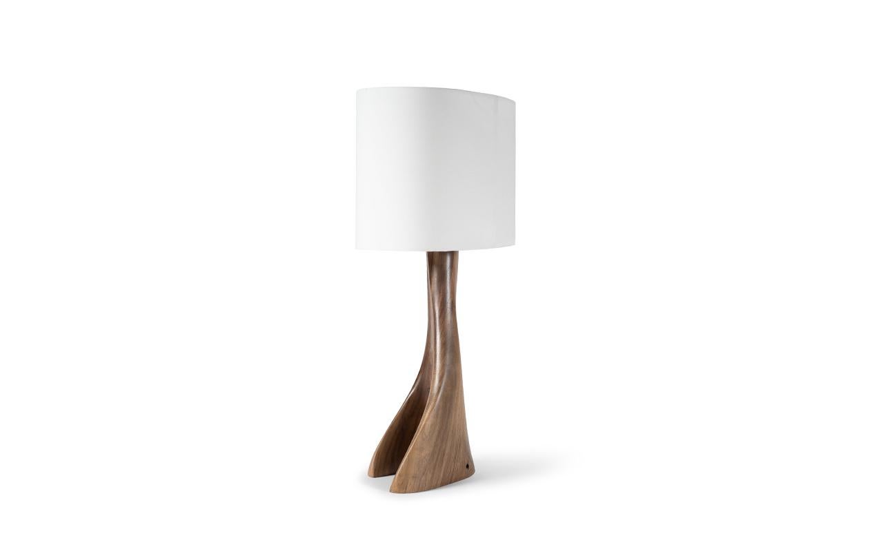 Carved Amorph Nile Table lamp Natural stain on Walnut wood with Oval Ivory Silk shade For Sale
