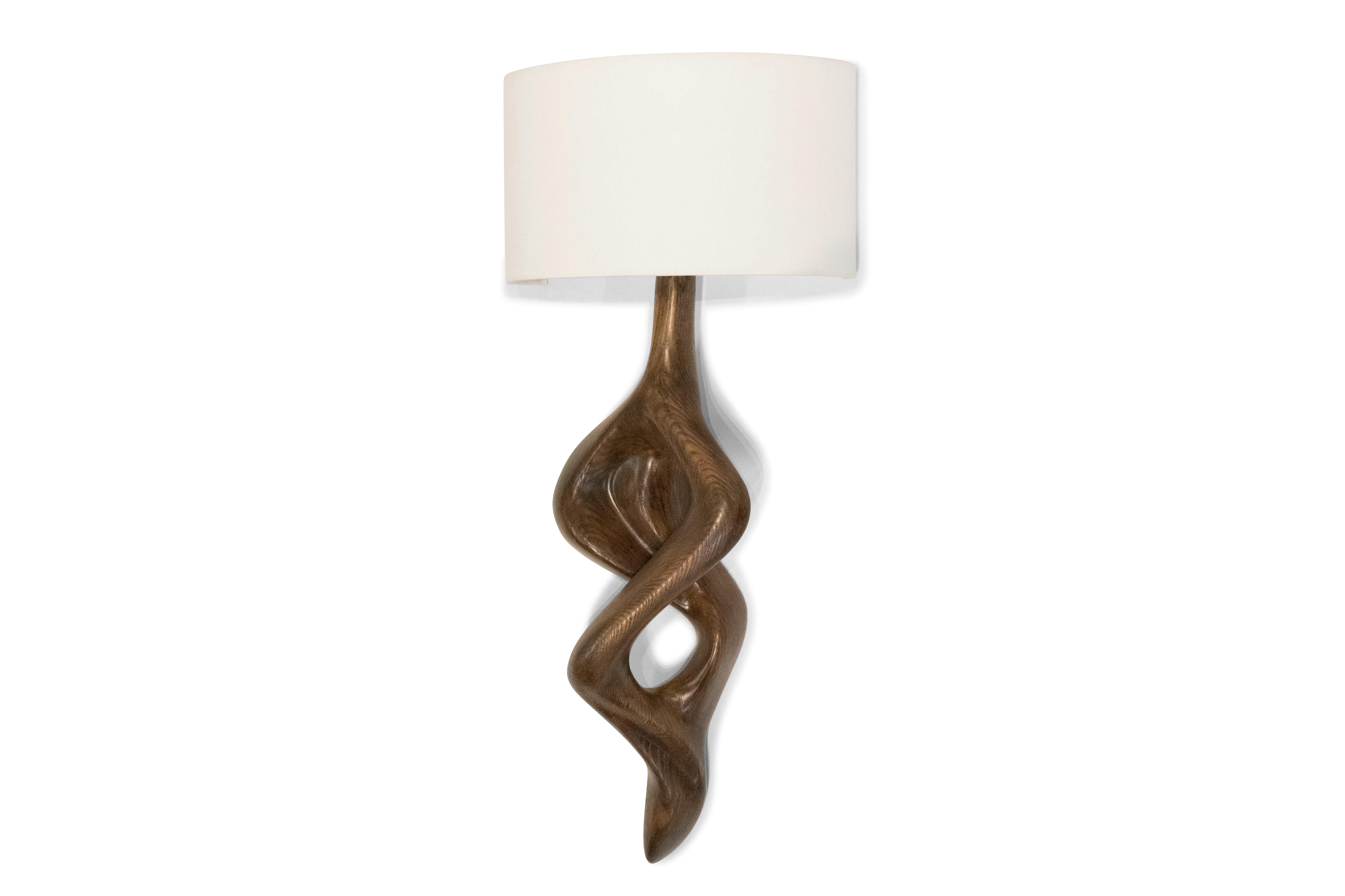 Modern Amorph Nomi Sconce Graphite Walnut stain on Ash wood with Ivory Shade For Sale