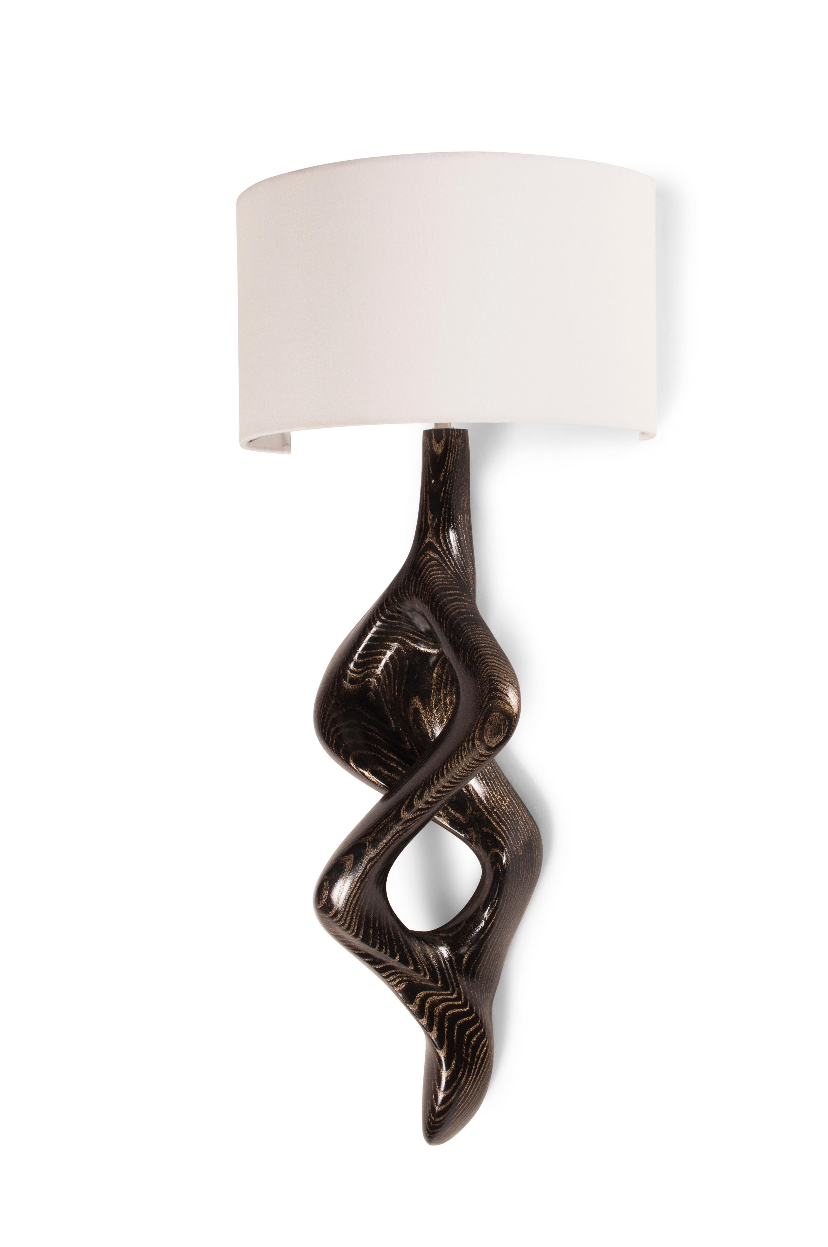 Modern Amorph Nomi Sconces Golden Ebony stain on Ash wood with Ivory Silk Shade For Sale