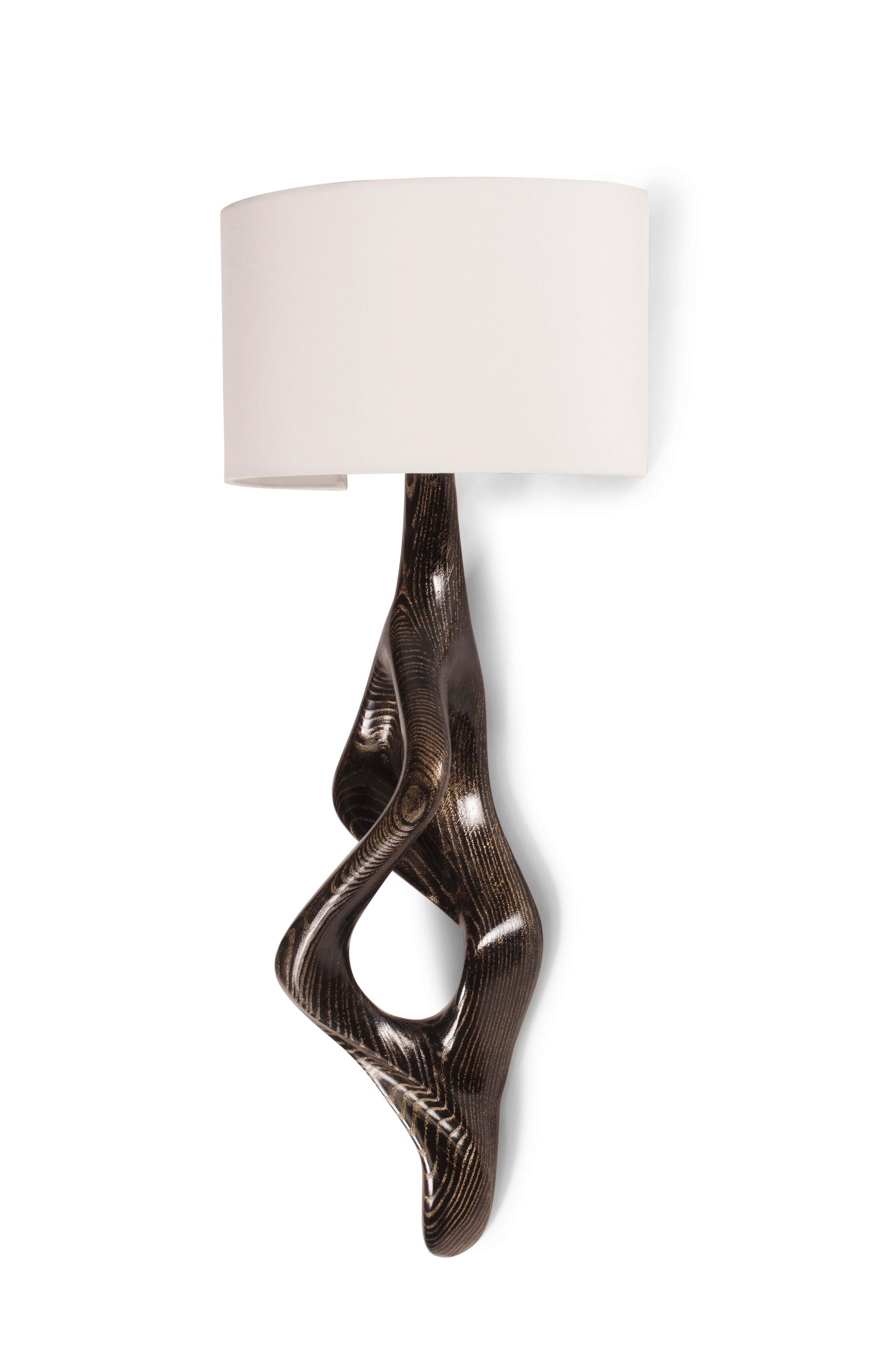 American Amorph Nomi Sconces Golden Ebony stain on Ash wood with Ivory Silk Shade For Sale