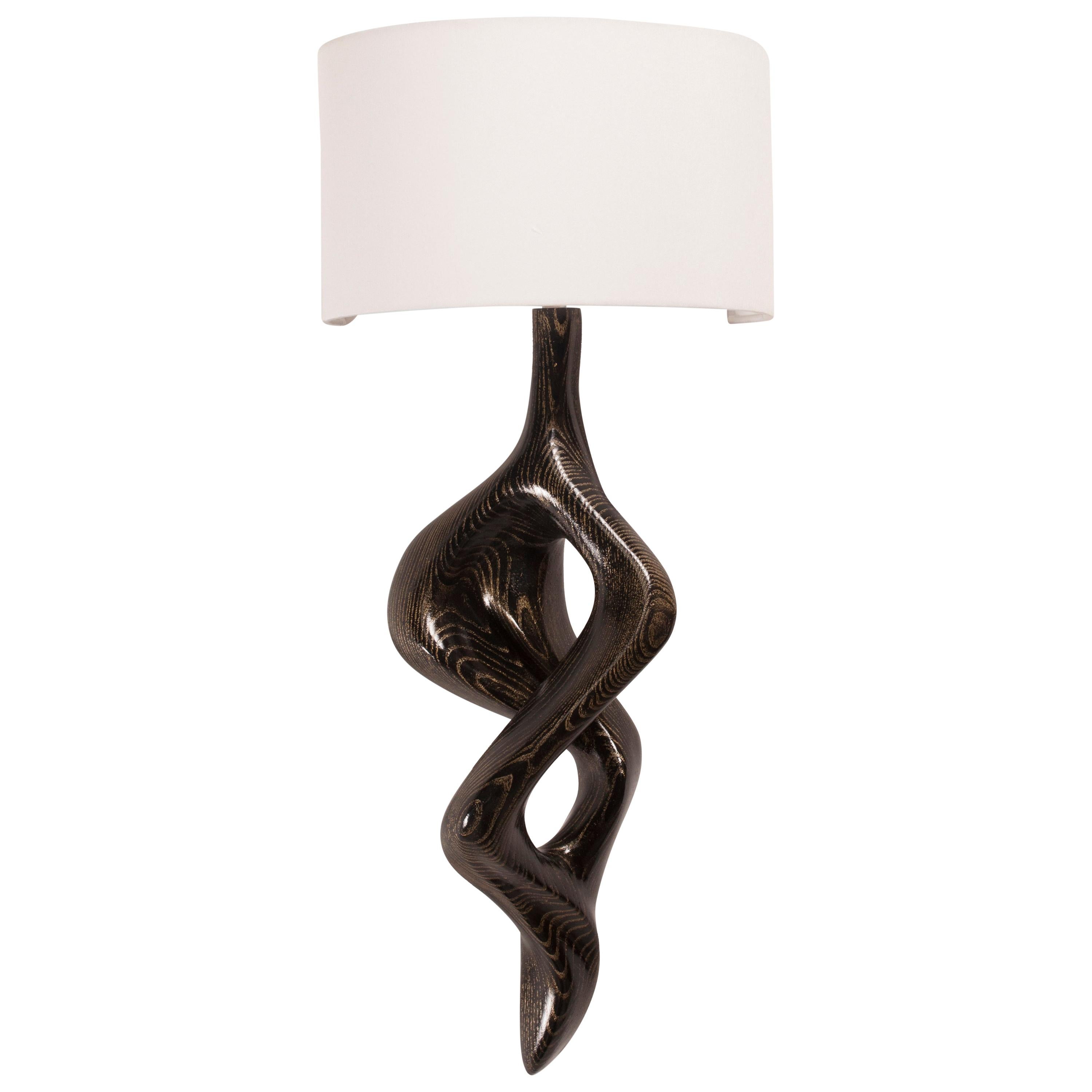 Amorph Nomi Sconces Golden Ebony stain on Ash wood with Ivory Silk Shade For Sale