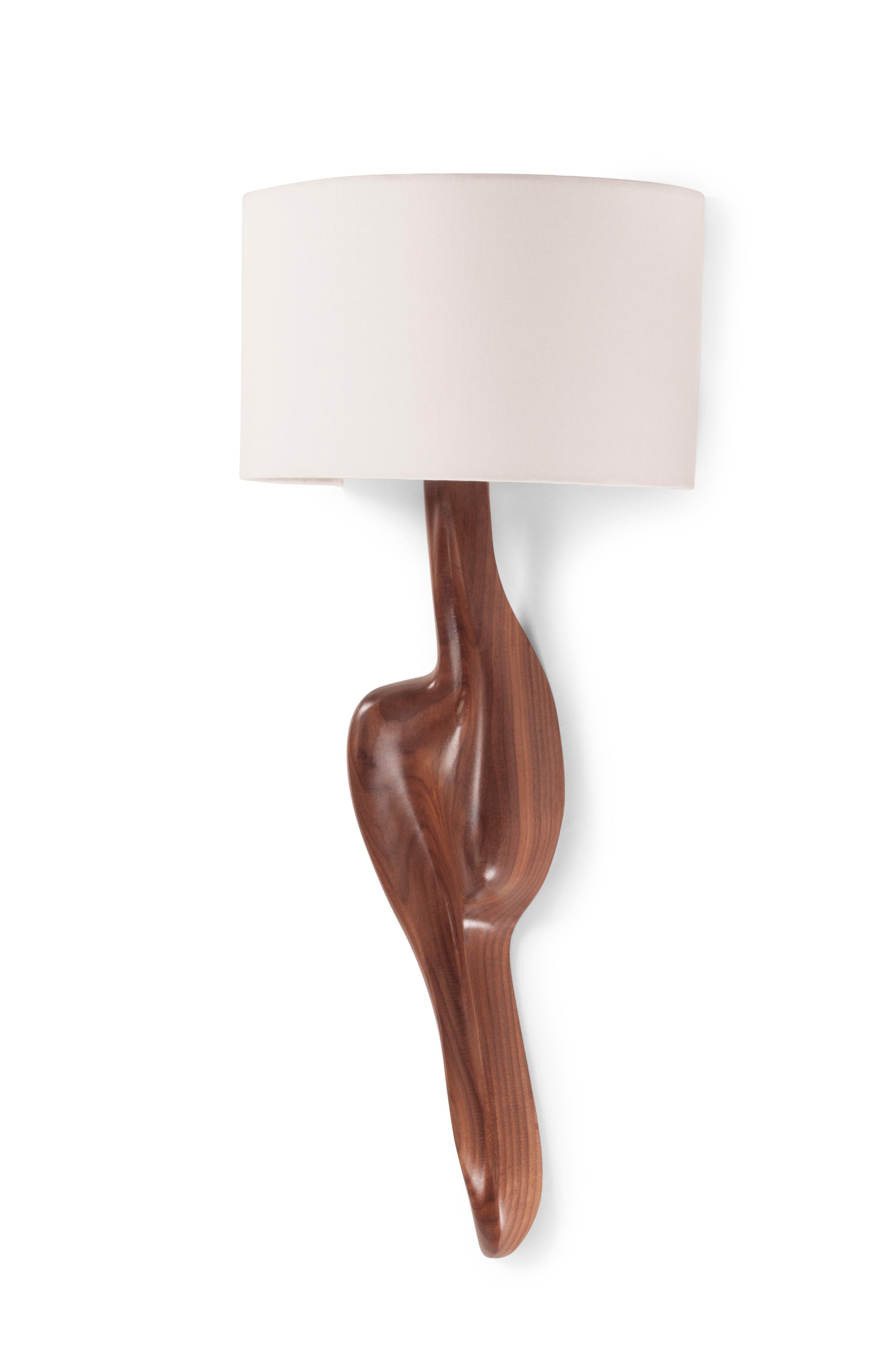 Modern Amorph Oralee Sconces, Natural Walnut with Ivory Sink Shade For Sale