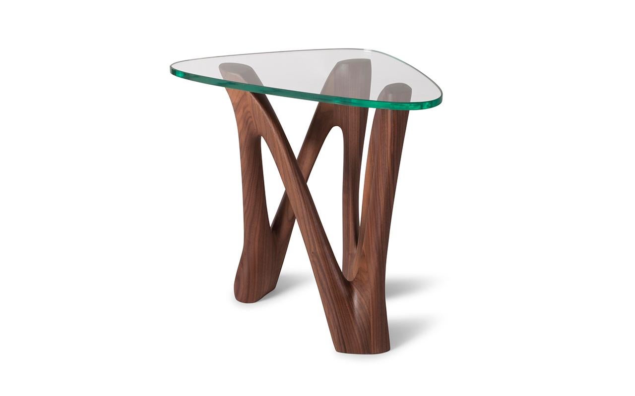 American Amorph Ronia Side Table with Glass in Walnut Wood Natural Stain with Glass For Sale