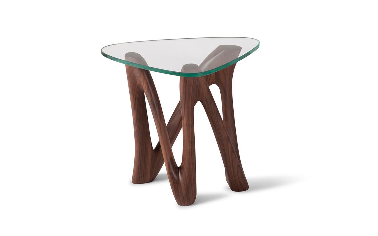 Tempered Amorph Ronia Side Table with Glass in Walnut Wood Natural Stain with Glass For Sale