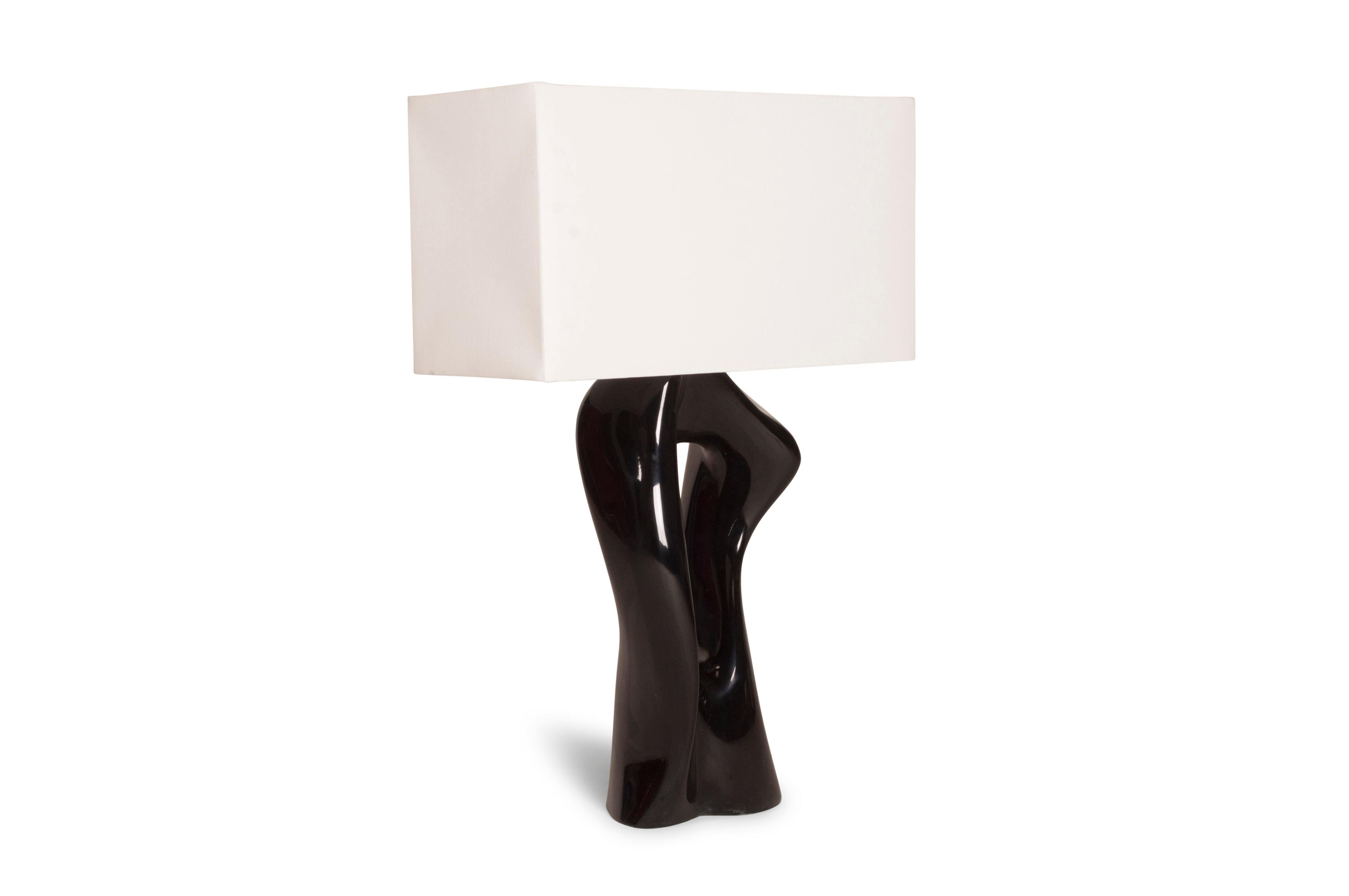 Carved Amorph Vesta Table Lamp Black Glossy Lacquer with Ivory Silk Shade For Sale