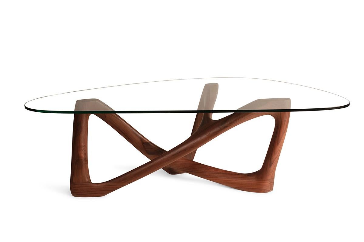 Organic Modern Amorph Walanty Modern Coffee Table Solid Walnut Wood with Tempered Glass For Sale