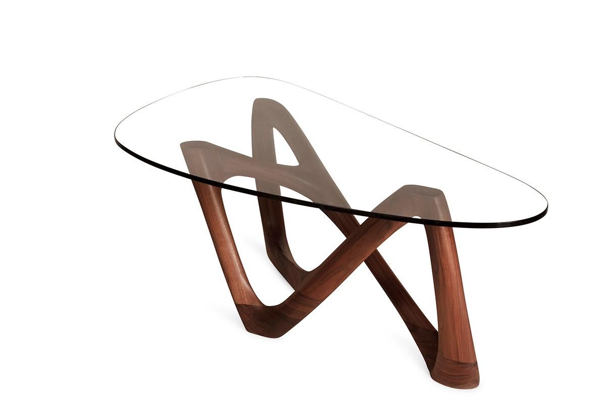 American Amorph Walanty Modern Coffee Table Solid Walnut Wood with Tempered Glass For Sale