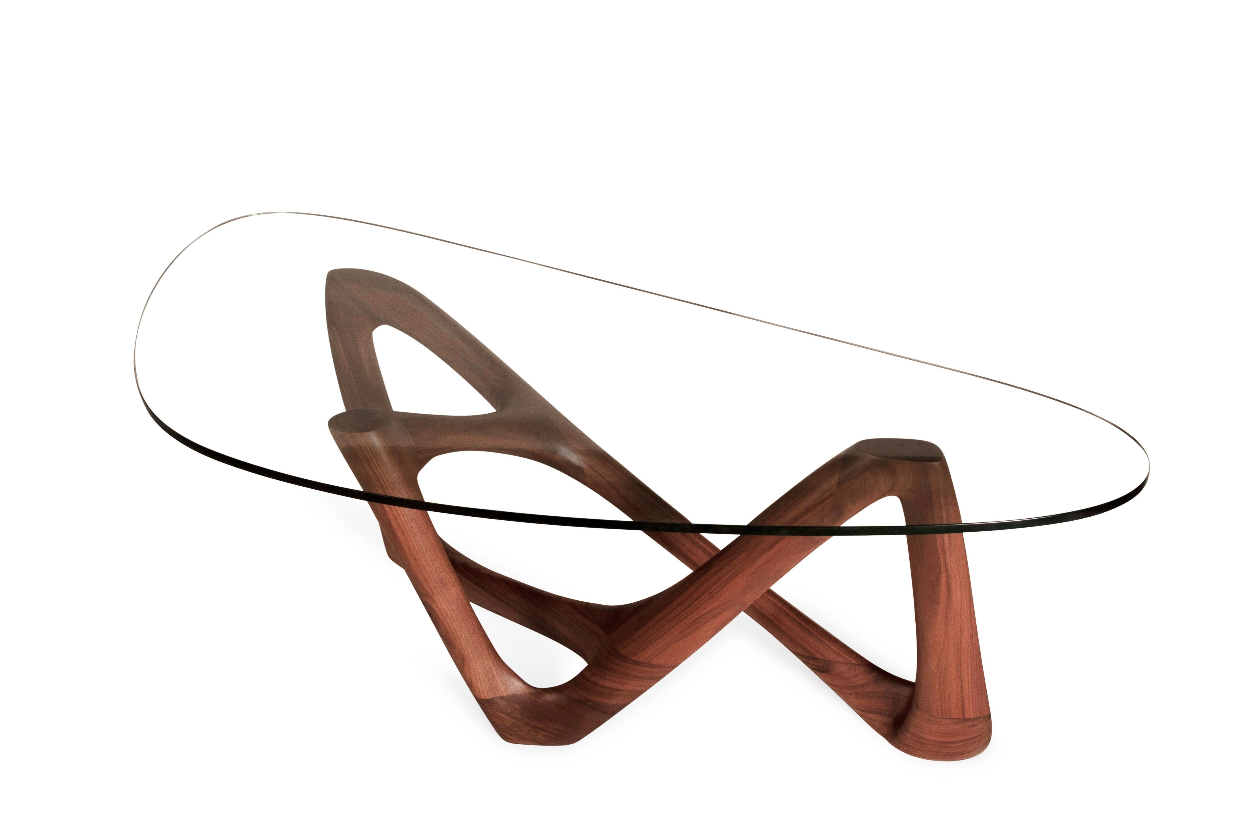 Amorph Walanty Modern Coffee Table Solid Walnut Wood with Tempered Glass In New Condition For Sale In Los Angeles, CA